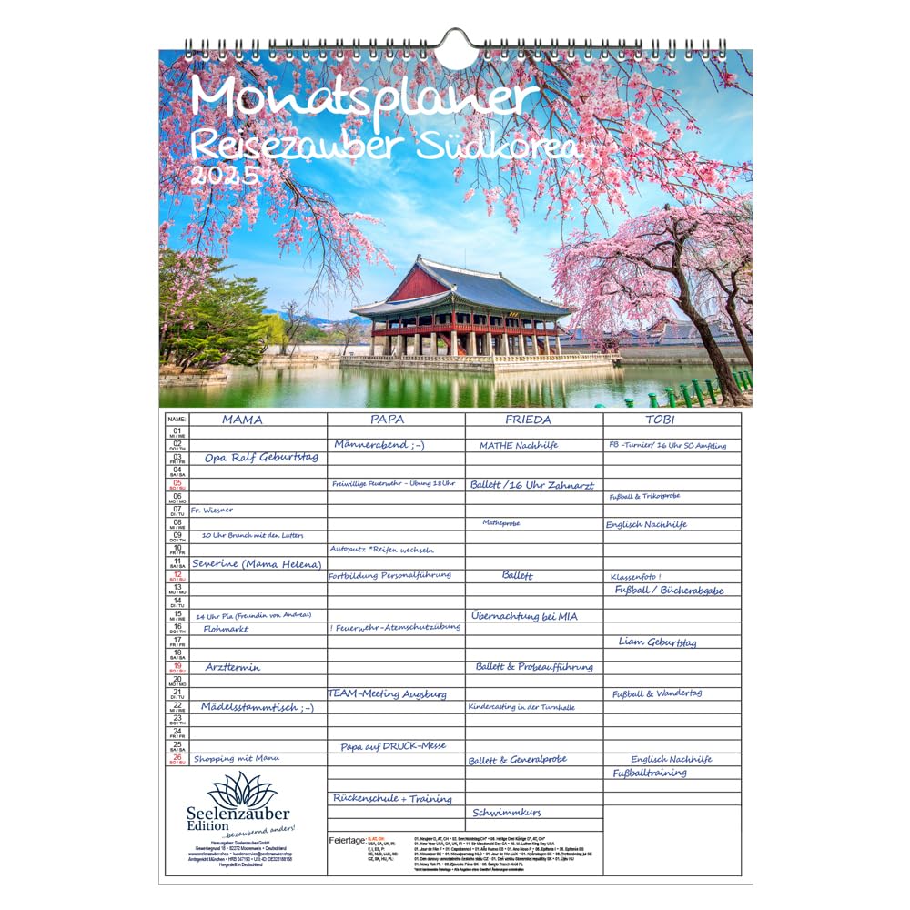Reisezauber South Korea Planner, Family Planner, 4 Column Planner, DIN A3 Calendar for 2025 Holiday, Set: 1 x Calendar, 2 x Gift Tags (Total 3 Pieces)