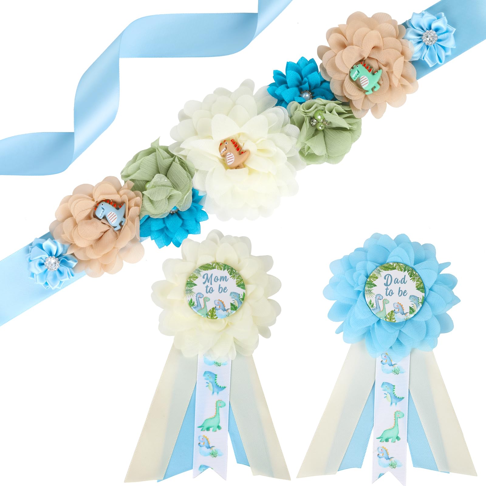 JOYMEMO Blue Dinosaur Baby Shower Maternity Sash Kit - Hatching Soon Dinosaur Baby Shower Belly Belt and Mom to Be & Dad to Be Corsage Pins, Pregnancy
