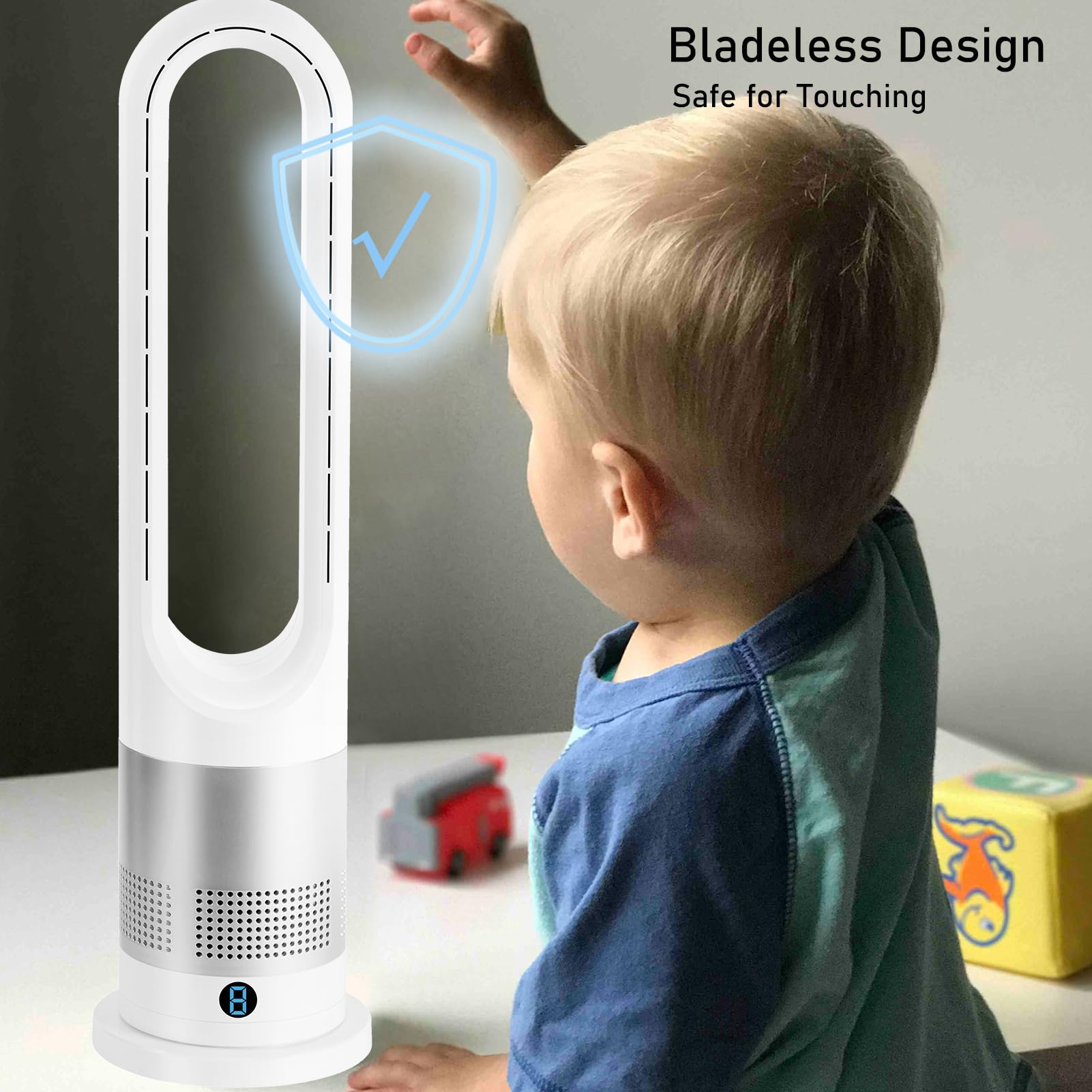 EZSMART Ventilador sin aspas, 66CM 80° oscilante Ventilador de torre control remoto, 8H-Timer, 8 niveles de ventilación, Ventilador de pedestal silencioso y táctil para dormitorio de oficina