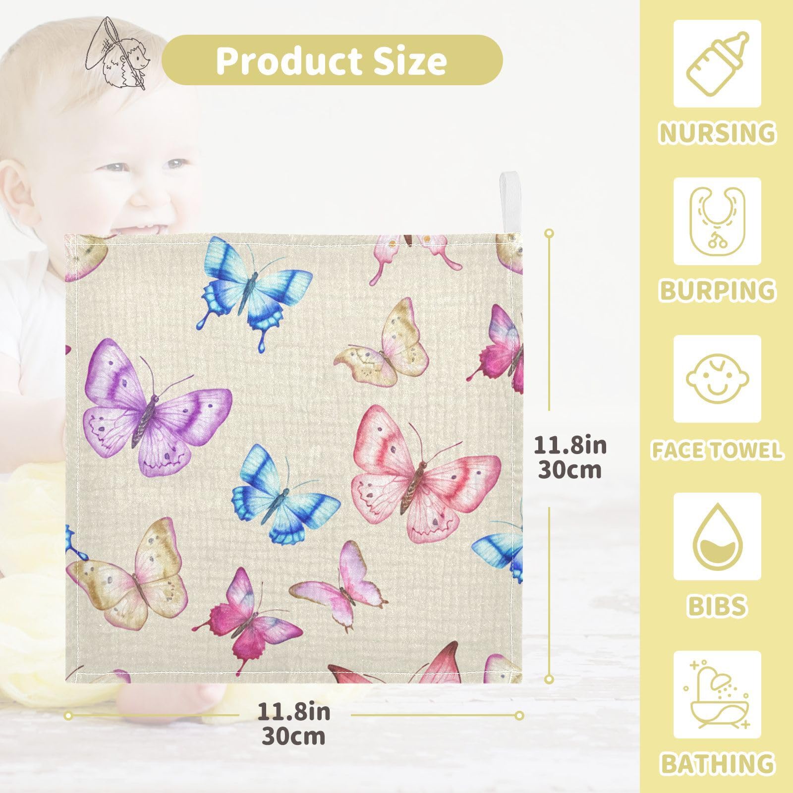 Kigai Beautiful Butterfly Baby Washcloths,5pcs Ultra Soft Absorbent Towel,Newborn Bath Face Towel, Natural Reusable Baby Wipes for Sensitive Skin, Baby Registry as Shower