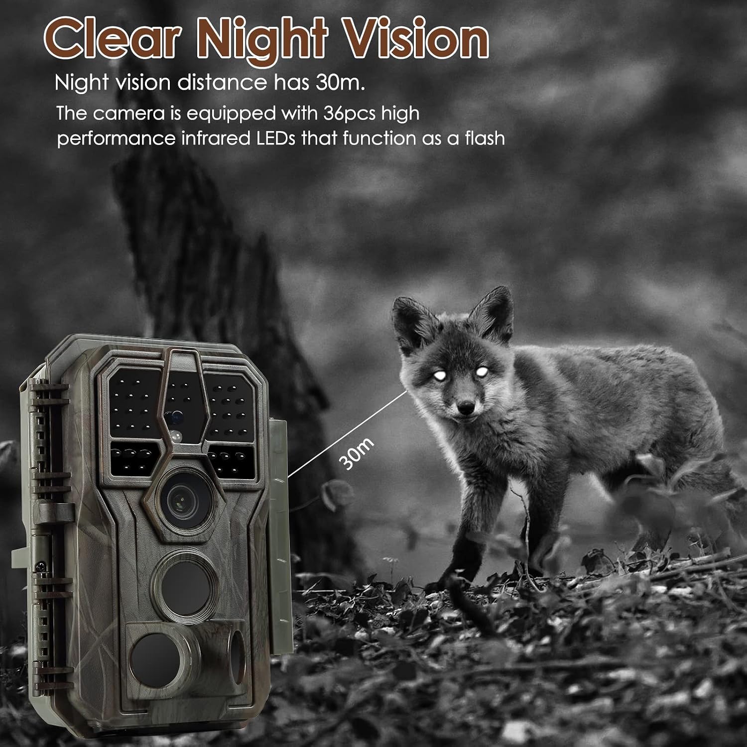 Folgtek Trail Camera with night vision capturing a fox in the dark, showing a 30m range.