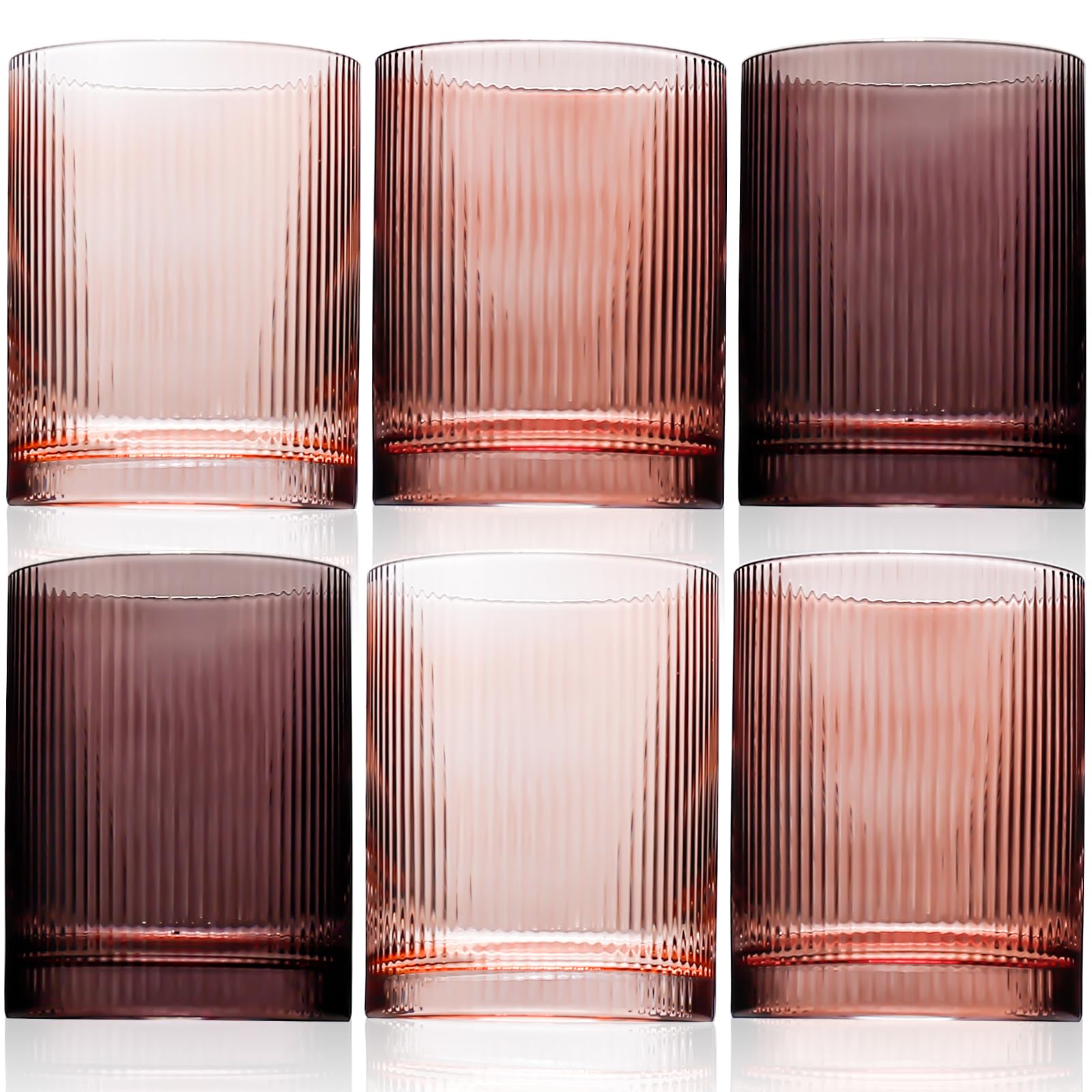 Physkoa 6-Piece Brown Ribbed Glassware Set –Vintage Drinking Glasses in Ochre, Umber & Espresso –12oz Tumbler Cups for Water, Juice, Iced Coffee,