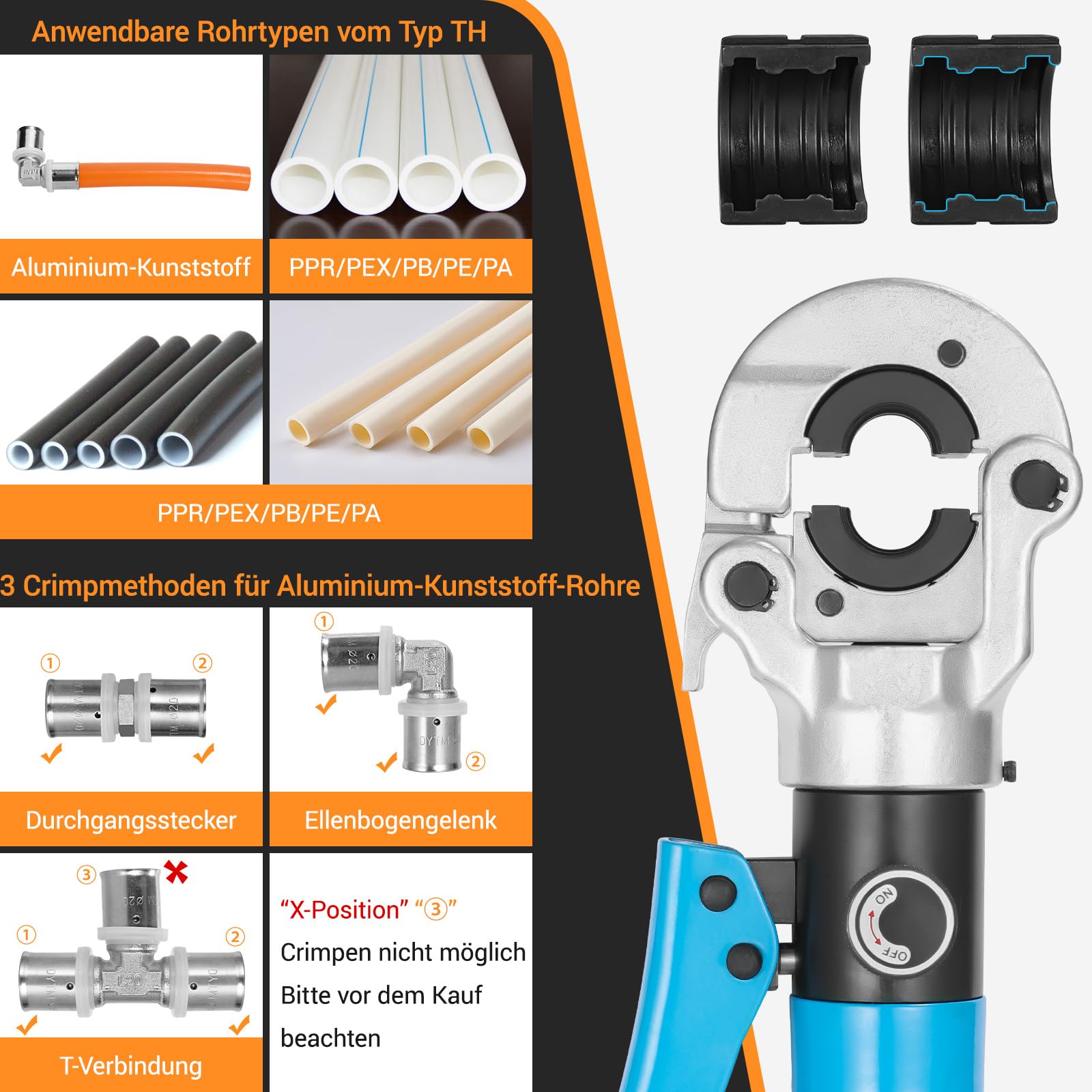 Alicates de presión profesional para el hogar, industria y jardín, plástico de aluminio, tubo PEX/PB, fuerza de prensado con cabezal giratorio 360°, 8T (crimpen TH16-32)