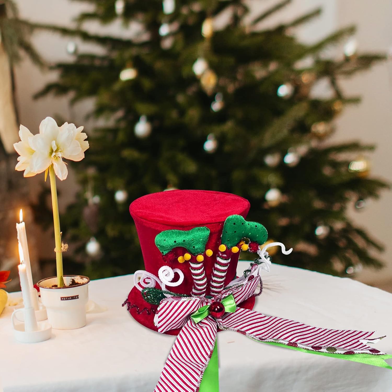 KAHEIGN Punte per Albero di Natale, 25CM Grande Rosso Puntale per Albero di Natale Cappello a Cilindro con Gambe da Elfo e Nastro a Strisce per Casa Natale Inverno Festa Decorazione Desktop Ornamenti