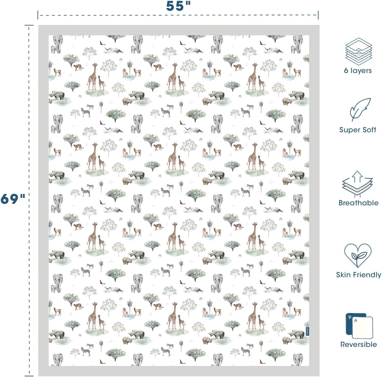 GRSSDER Cotton Muslin Quilt Blanket - Silky Soft and Breathable Kids' Throw Blanket, Oversized Muslin Blankets for Newborns, Toddlers & Kids, 6 Layers Reversible Design for All Seasons, 55" x 69"