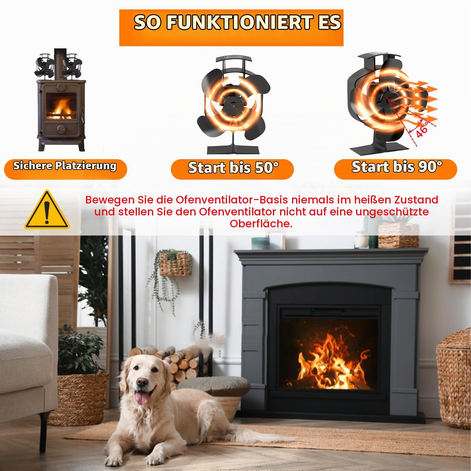 Ofenventilator Oszillierender Kaminventilator Kaminventilator Ohne Strom, Ofenventilator mit 4 Blättern für Kaminofen, Effiziente Wärmeverteilung für Holzbrenner und Kamin