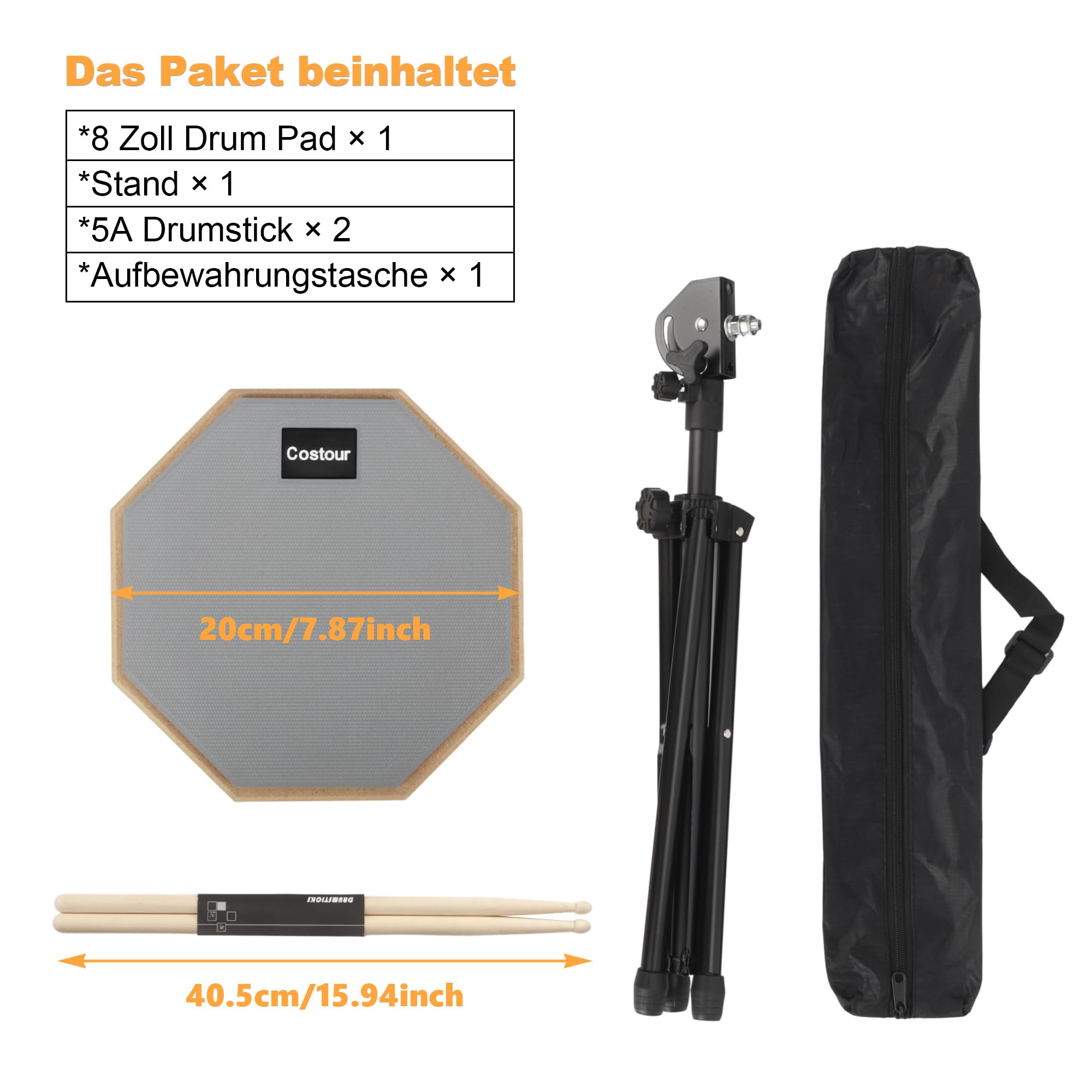 Gummi Drum Practice Pads übungspad kit 55-90cm Verstellbarer Bügel 8 Zoll schlagzeug Übungspad Drum Pad Set Mit Ständer Schlagzeug Sticks Aufbewahrungstasche für Schlagzeugern Anfängern
