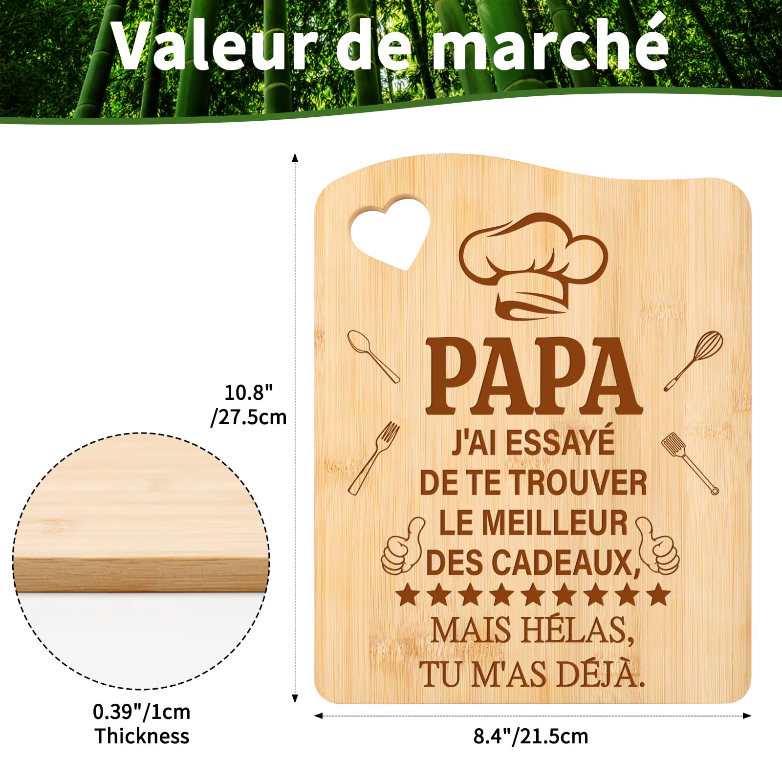 Planche à Découper en Bambou Cadeau Fête des Pères Original pour Papa
