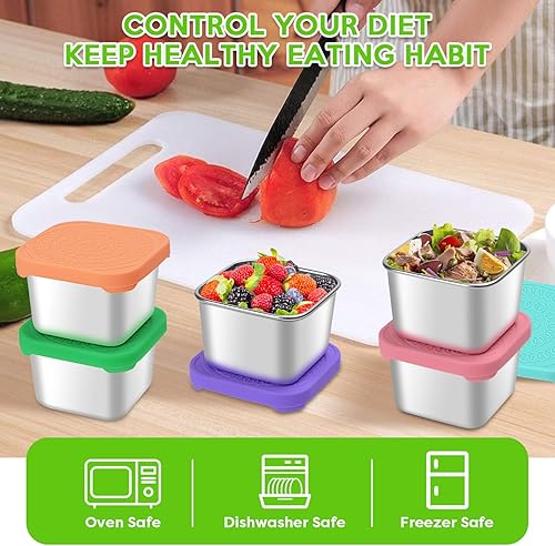 Miniatura 9 de Winceed 3 recipientes de acero inoxidable de 6 onzas, recipiente pequeño de metal con tapas de silicona, caja cuadrada a prueba de fugas de acero