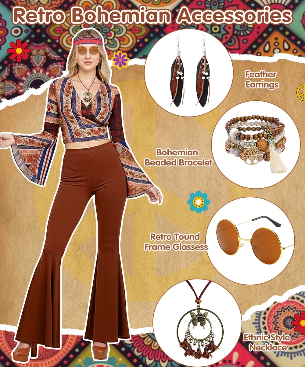 Costume Hippie Donna, Vestiti Hippie e Accessori Bohémien, Costume Anni 60 70 con Maniche a Campana, Abbigliamento Anni 70 per Carnevale, Halloween, Feste Retrò