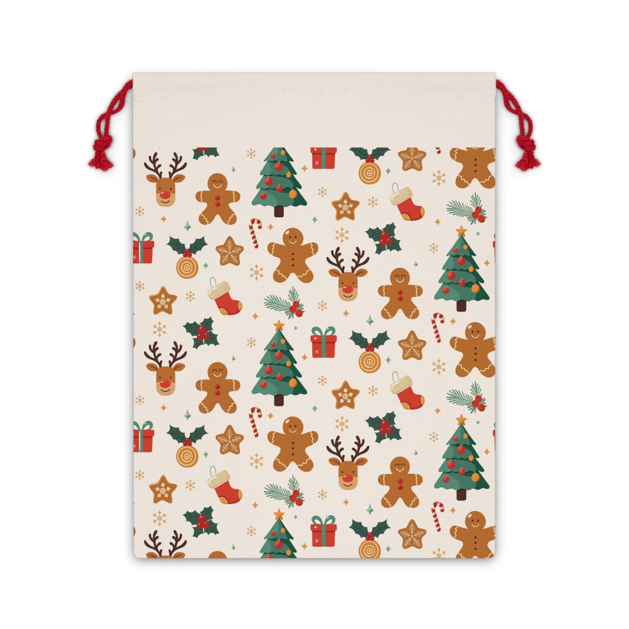 Christmas Gift Bag - Festive Holiday Design for Wrapping Gifts and Treats, Gingerbread Men, Reindeer, Christmas Trees, Cozy
