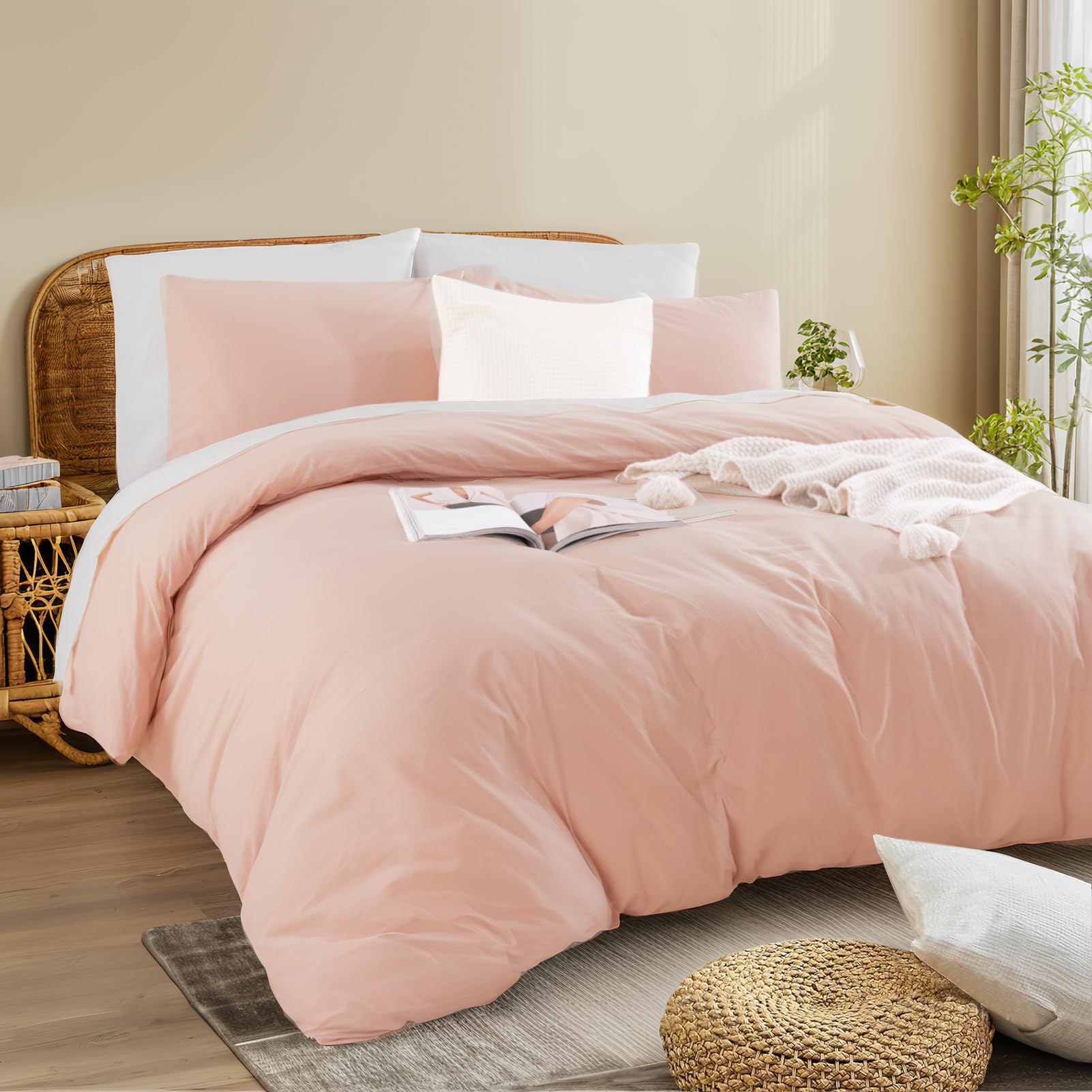 NEXHOME PRO Zestaw poszewek na kołdrę w rozmiarze podwójnym, lnianym w dotyku, teksturowana, sprana bawełna, poszewka na kołdrę, 2-częściowy zestaw pościeli z zapięciem na zamek błyskawiczny i narożnymi wiązaniami, oddychająca i miękka, jasnoróżowa (bez k