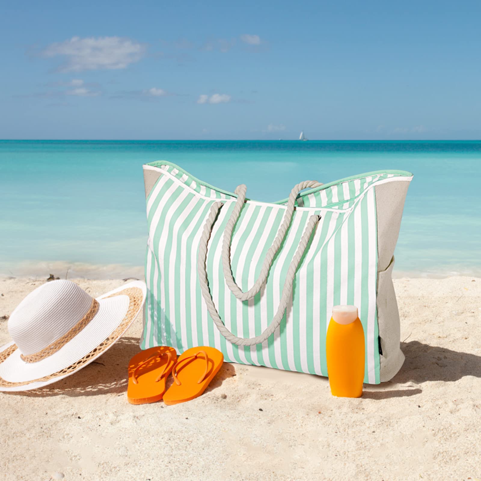 GAGAKU Torba plażowa dla kobiet, XXL, rodzinna, bardzo duża torba plażowa z zamkiem błyskawicznym, piaskoszczelne płótno żaglowe, torba plażowa, podróżna, torba na plażę