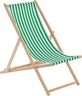 Harbour Housewares 1x Green/White Stripe Wooden Deck Chair Traditional FSC Wood Folding Adjustable Garden/Beach Sun Lounger Recliner
