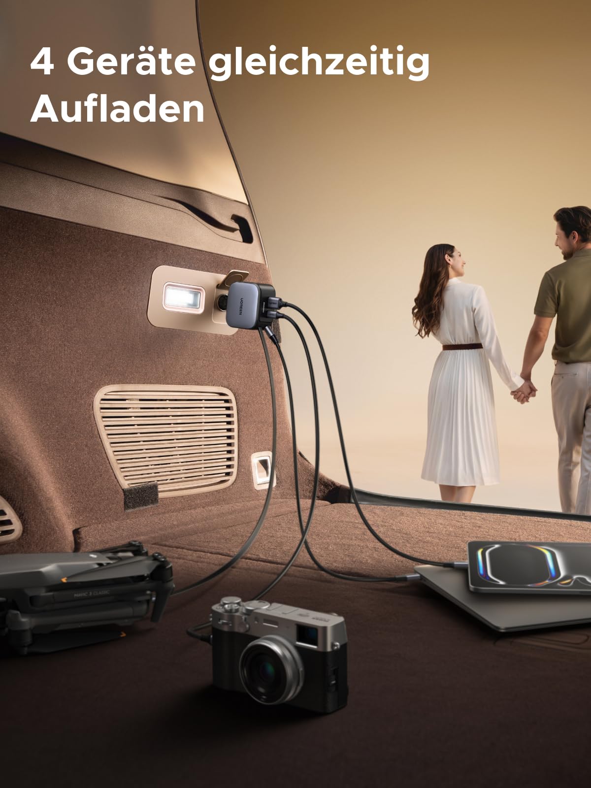 UGREEN Nexode 145W Zigarettenanzünder, 100W USB C Schnellladen, Typ-C Auto Ladegerät, integriertes einziehbares Kabel 60W, 4 in 1 Auto zubehör, kfz 12v-24V für iPhone 17/MacBook/iPad/Galaxy S25/GPS