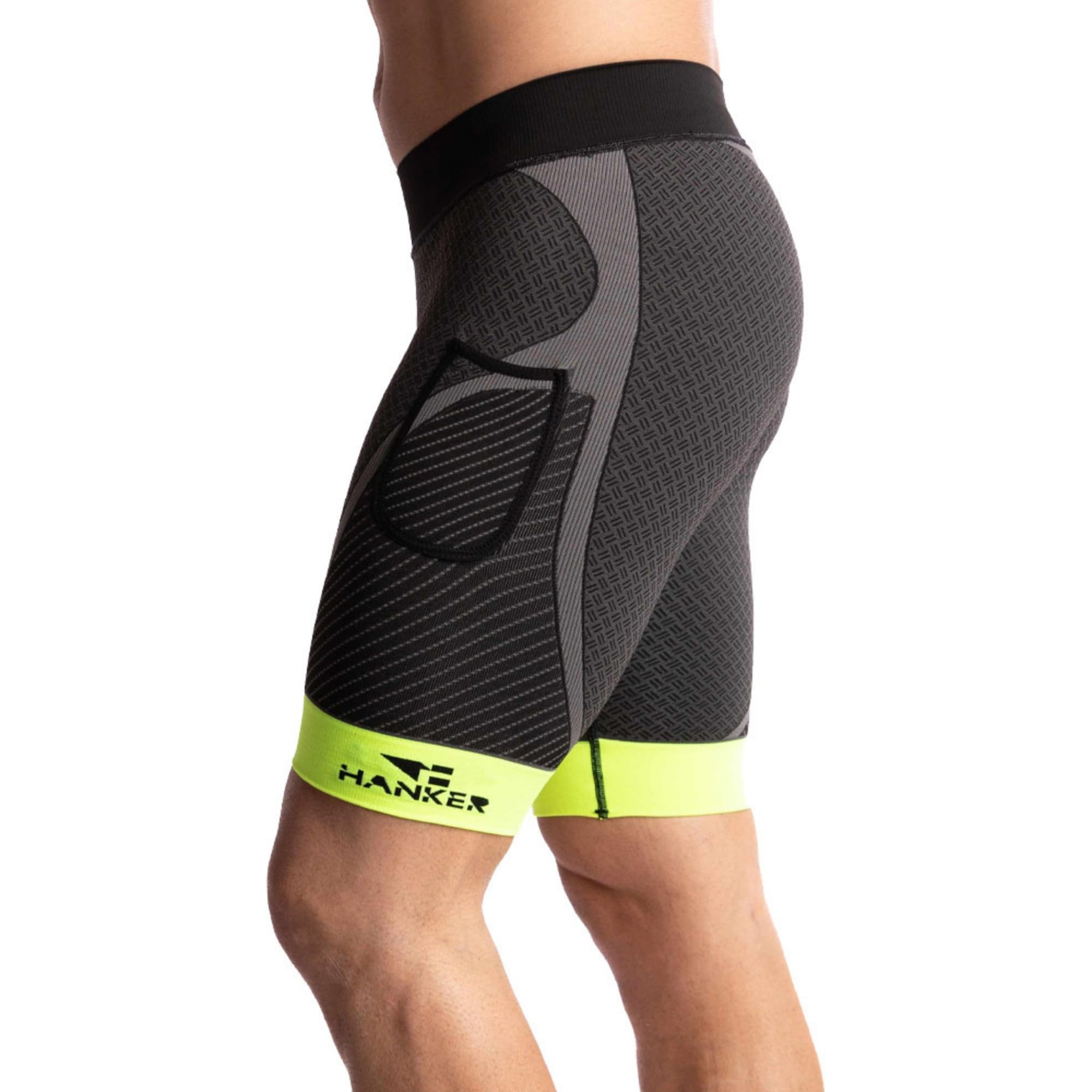 HANKER Short de compression pour homme avec tissu thermorégulateur, grandes poches et coutures plates. Idéal pour la course à pied et le trail
