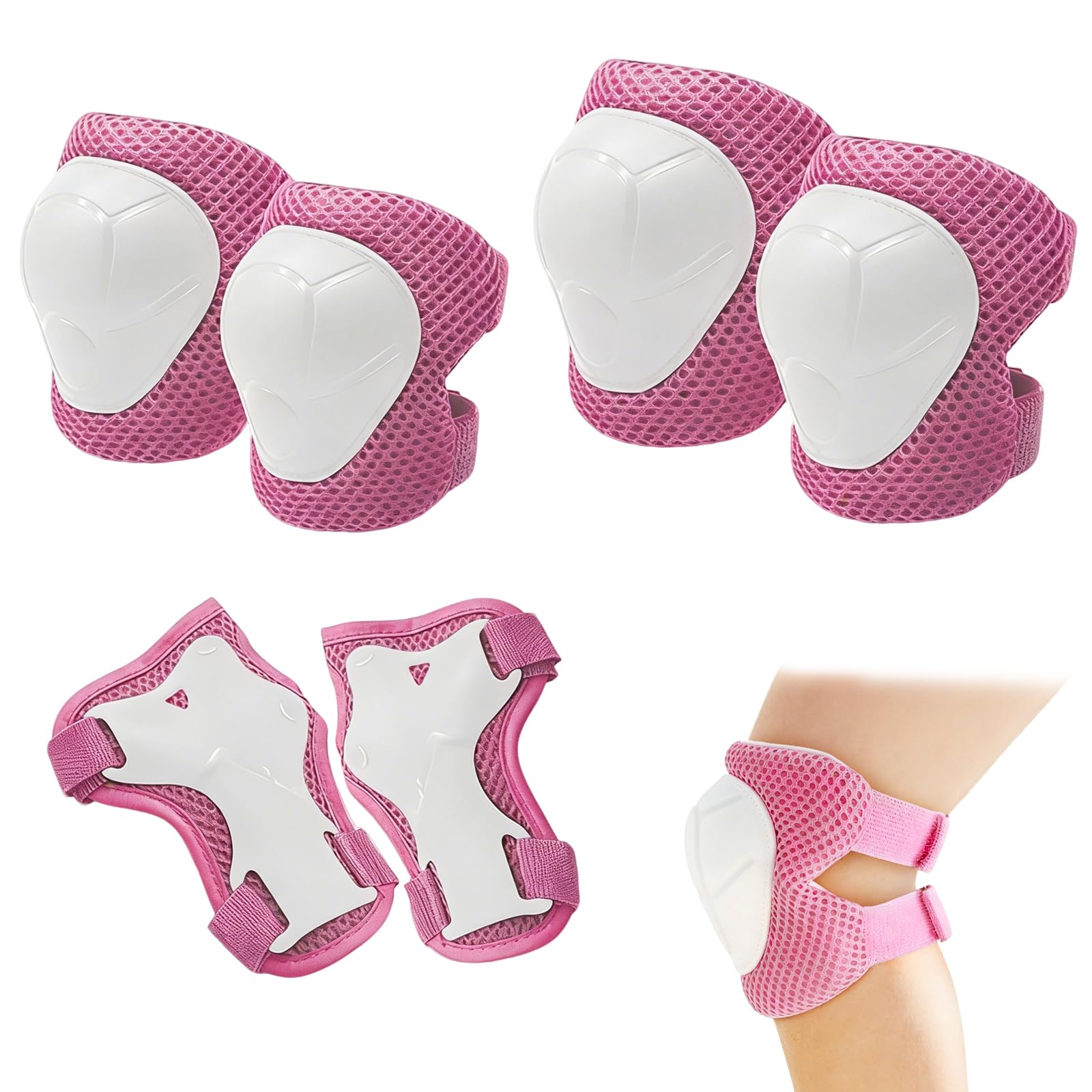 Kids Knee Pads, 6Pcs Kids Knee And Elbow Pads, Kid Sports Protective Gear Set for Skateboard Roller Skating Biking and Outdoor Multi-Sports (Pink & White)
