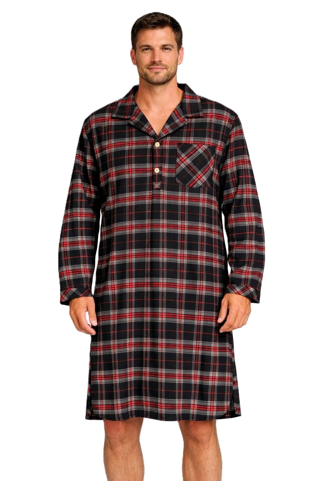 Malay Men's Plaid Flannel Nightshirt Long Sleeve Button Sleep Shirt Soft Cotton Nightwear with Pocket Comfortable Lounge Nightwear M-5XL (UK, Alpha, 3XL, Regular, Regular, Red Check)