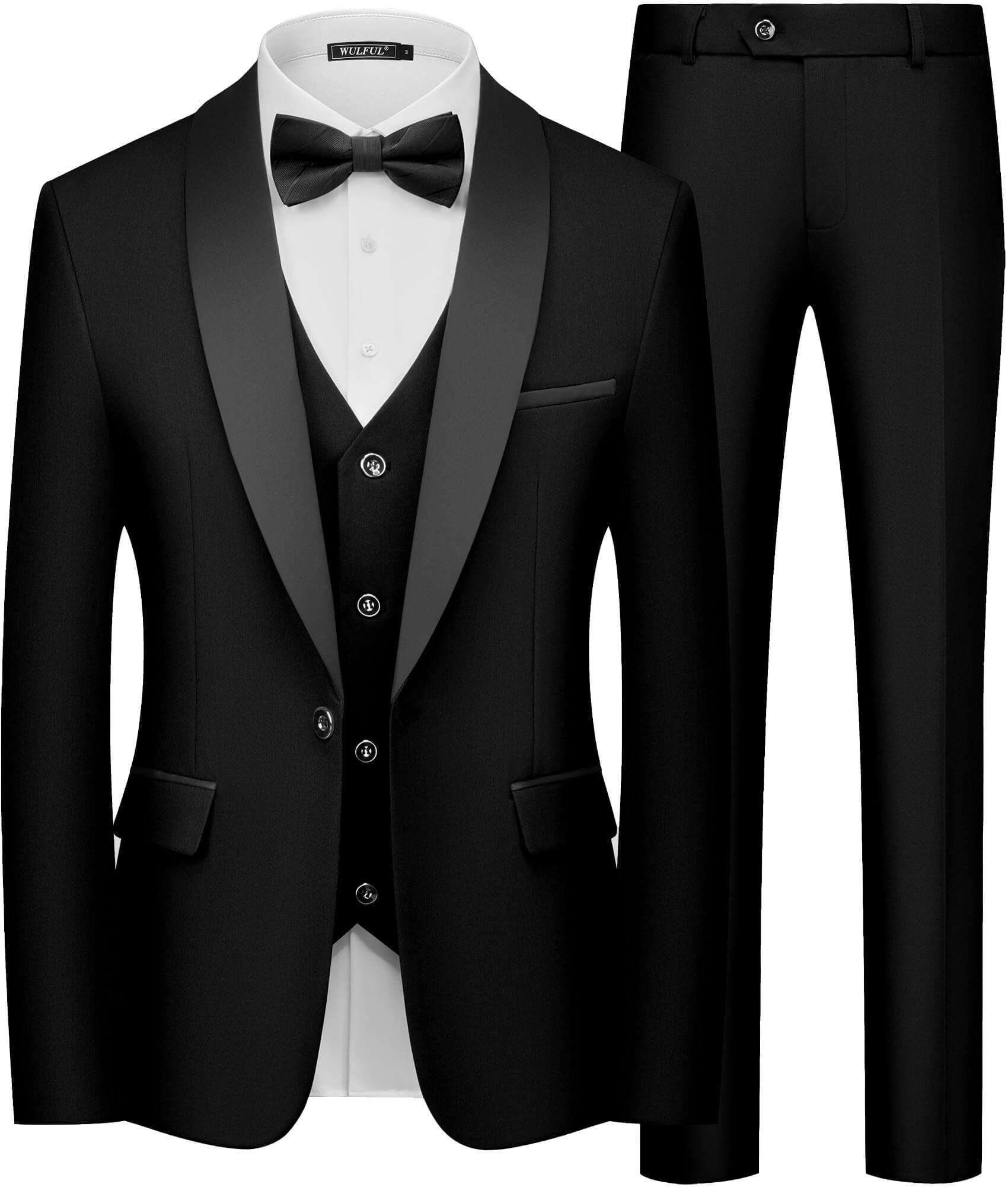 Photo 1 of WULFUL Men's 3 Piece Suits Slim Fit Tuxedo Suit Set One Button Shawl Lapel Blazer Jacket Vest Pants Set for Prom, Business Black