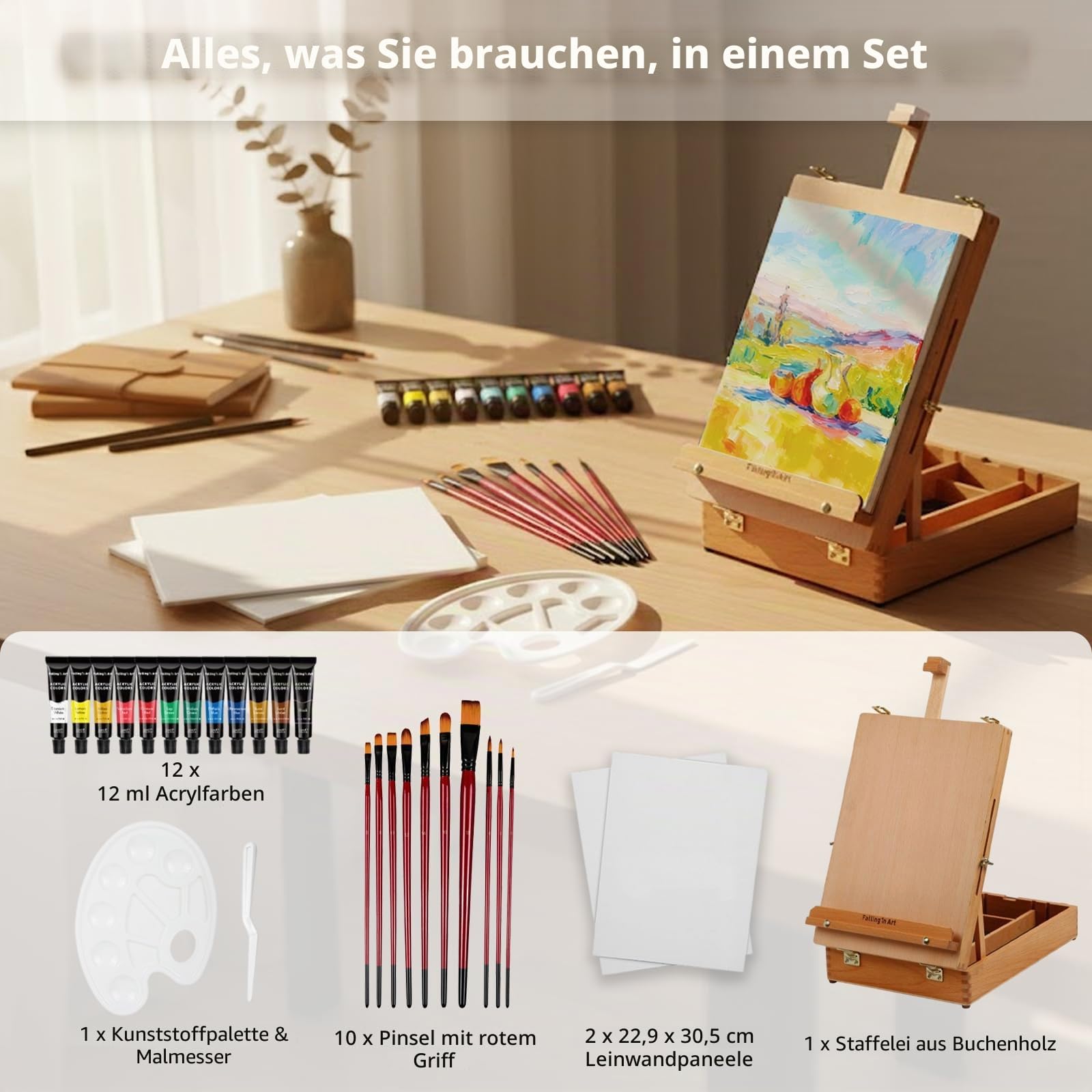 Falling in Art Staffelei Box Acrylfarben Set mit tragbarem Tischständer Acrylfarbe Leinwand Paneele Pinsel Palette für Christimas Geschenk