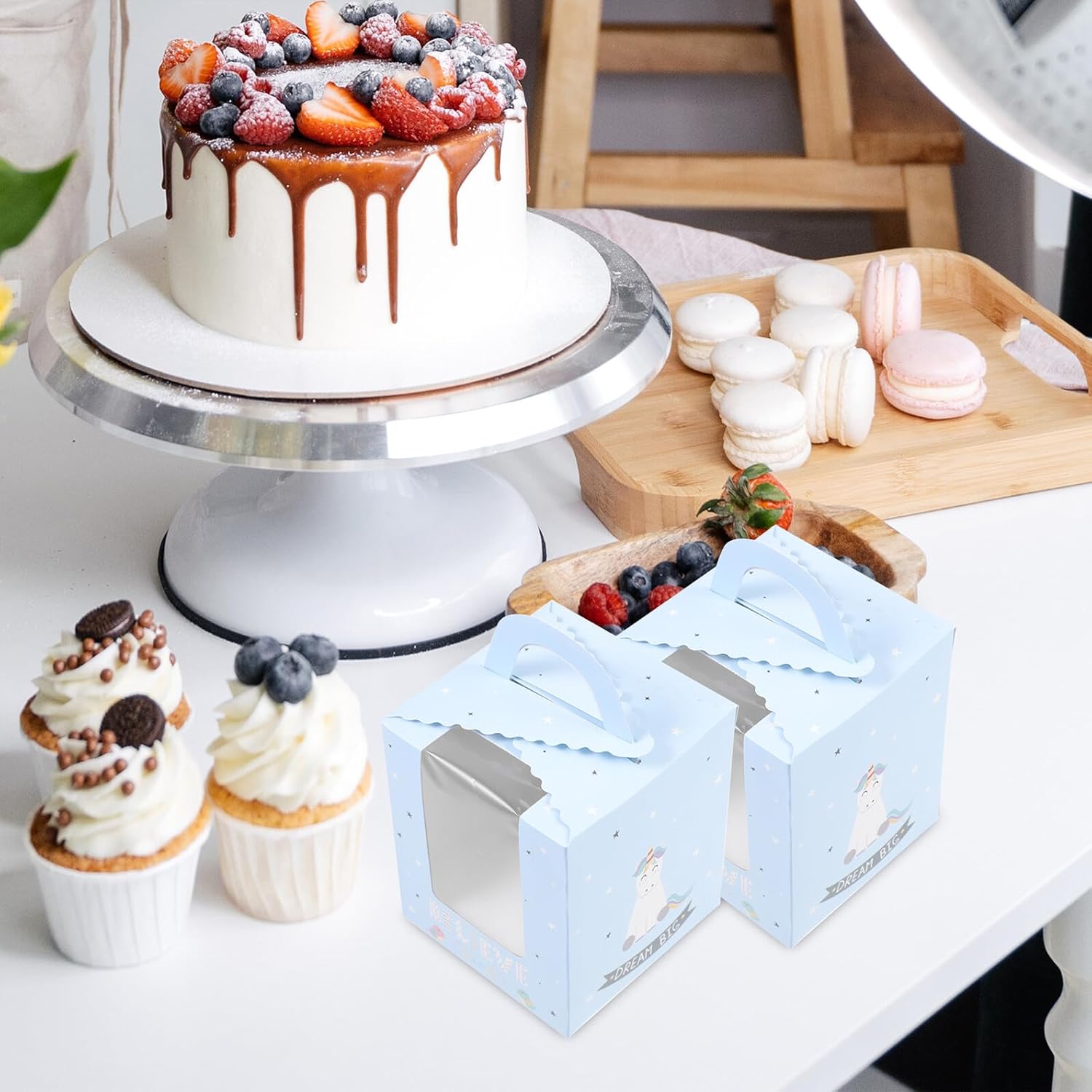 50pcs Fantasy Print Cake Boxes with Handles, Foldable Paper Cupcake Containers for Home Baking and Wedding Dessert Storage