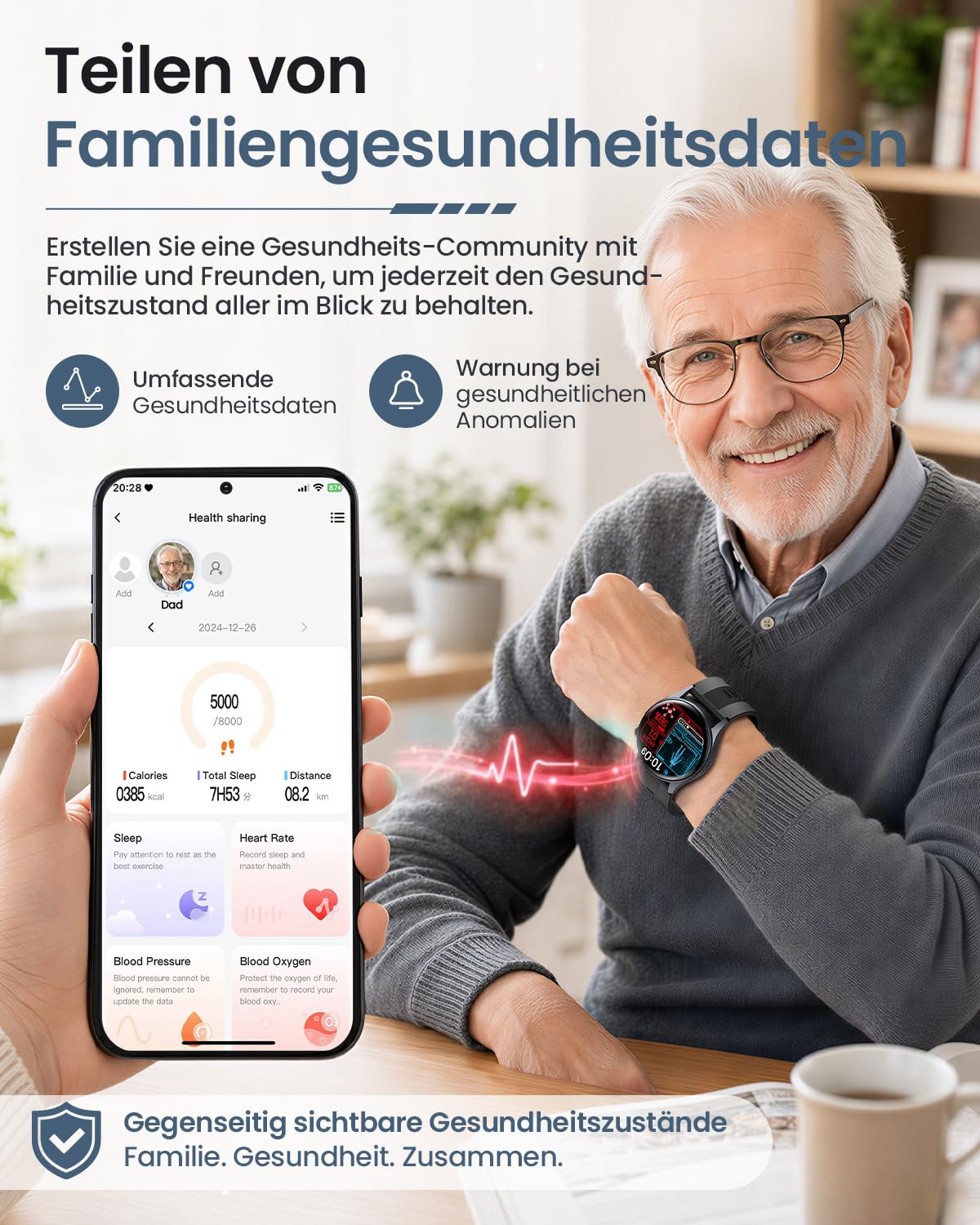 Smartwatch Herren mit Luftpumpe & Blutdruckmessung, EKG, HRV, Schwarz