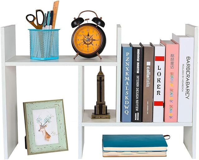 EasyPAG Wood Small Desk Shelves Adjustable Mini Desktop Bookshelf Freestanding Bookcase Home and Office Desk Tidy Organiser,White