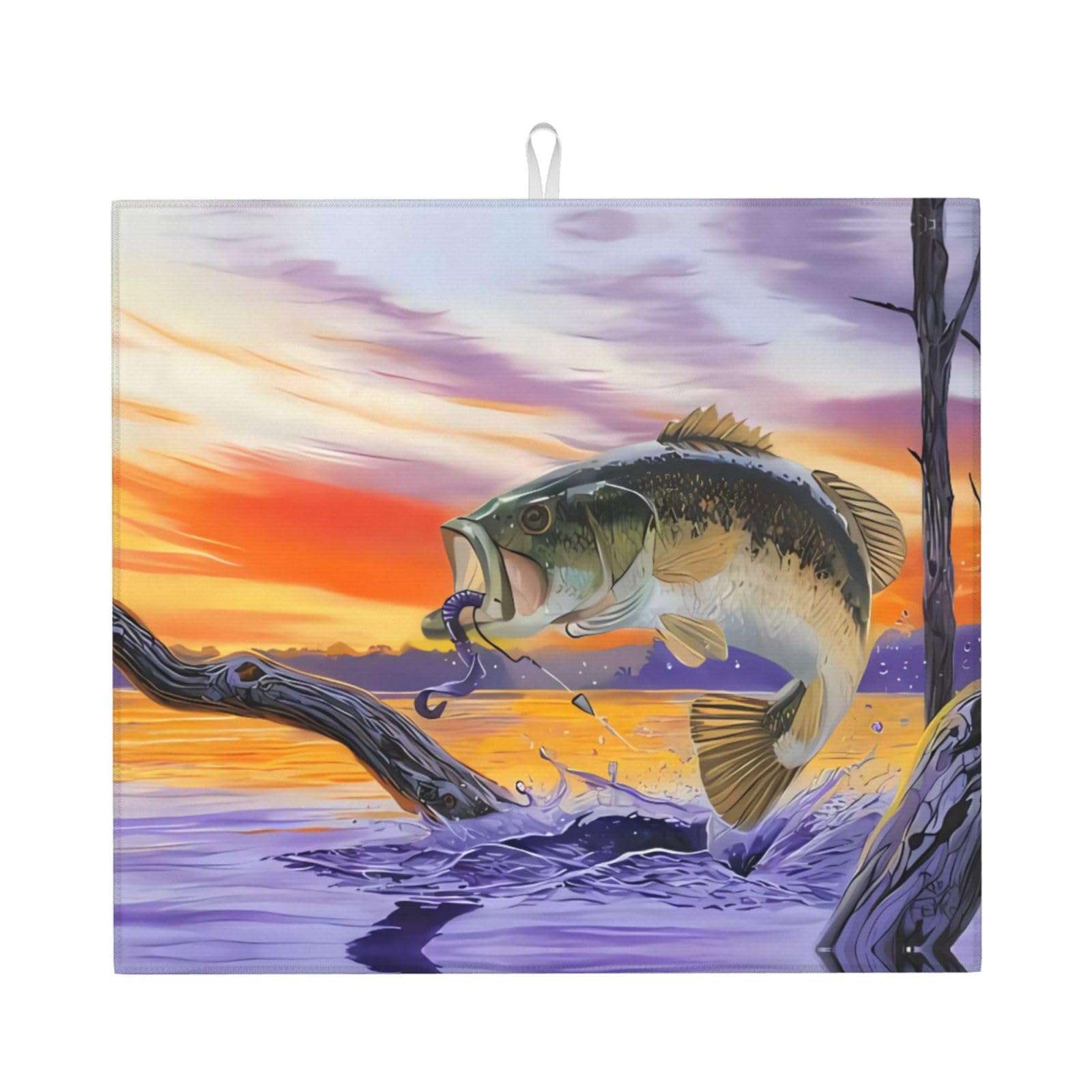 WHJSSF Bass Fish Prints Kitchen Drying Mat – Absorbent Dish Throw for Countertops, Quick-Dry Non-Slip Layer with Stylish Prints, Ideal Housewarming Gift