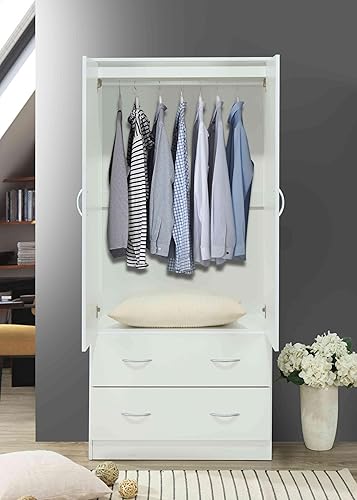 Miniatura 5 de HODEDAH Armario de madera de 2 puertas con barra de ropa dentro del gabinete, 2 cajones para almacenamiento y espejo, color blanco