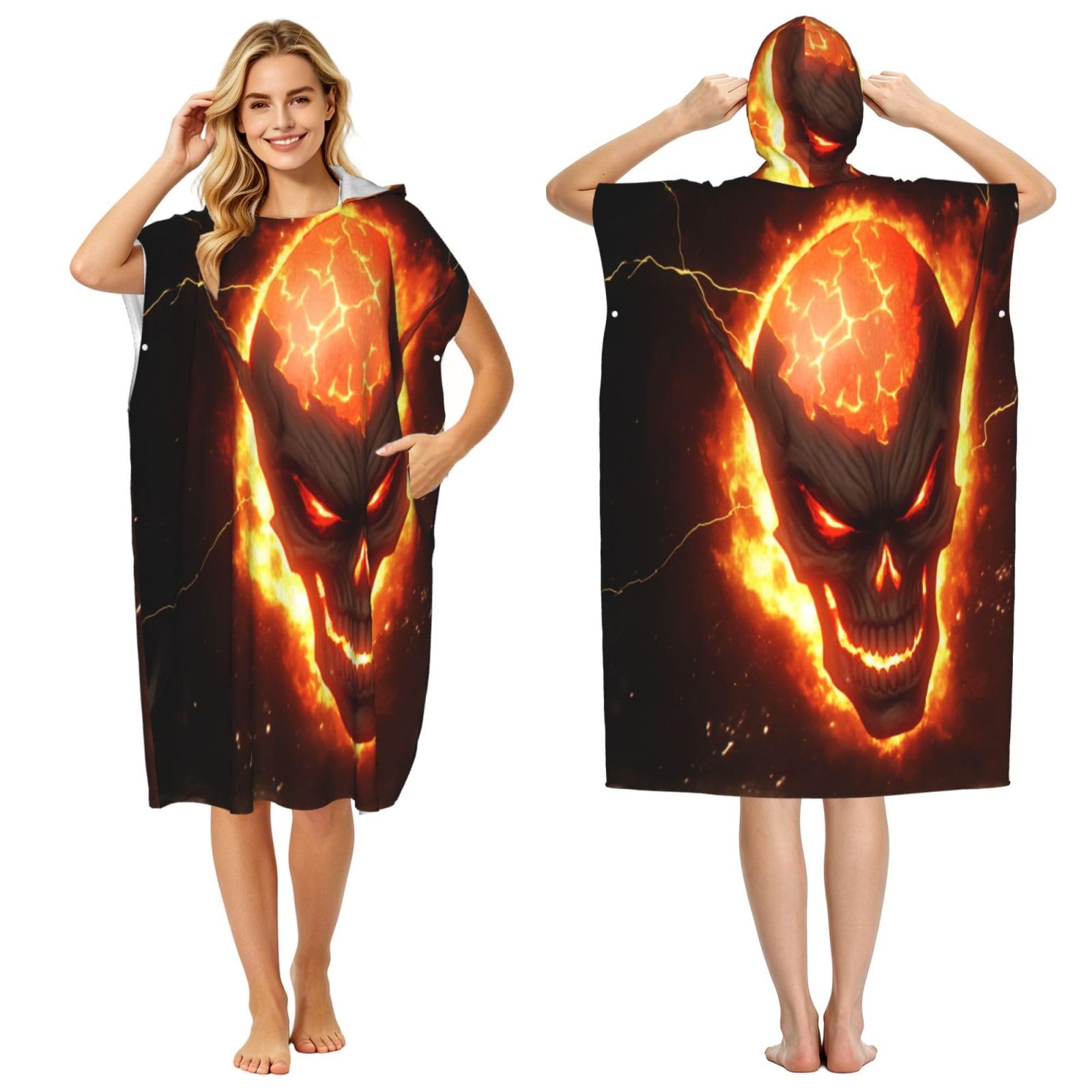 DTHKJNLSF Flameskull Adult Hooded Beach Poncho Towel