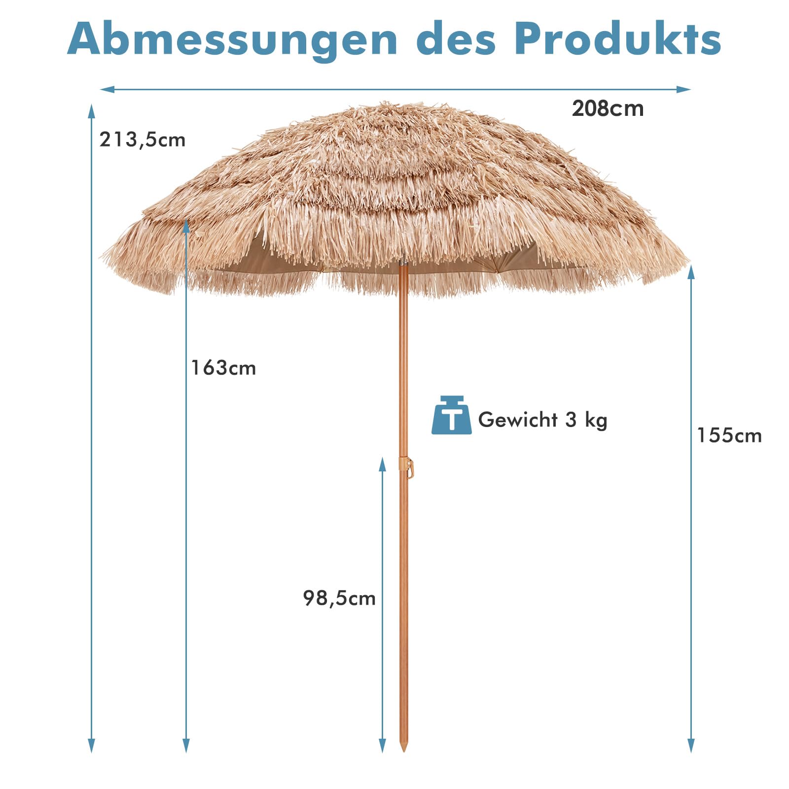 COSTWAY Parasol hawaïen en paille, UPF 50+, pliable à 30 °C, pour jardin, balcon, plage
