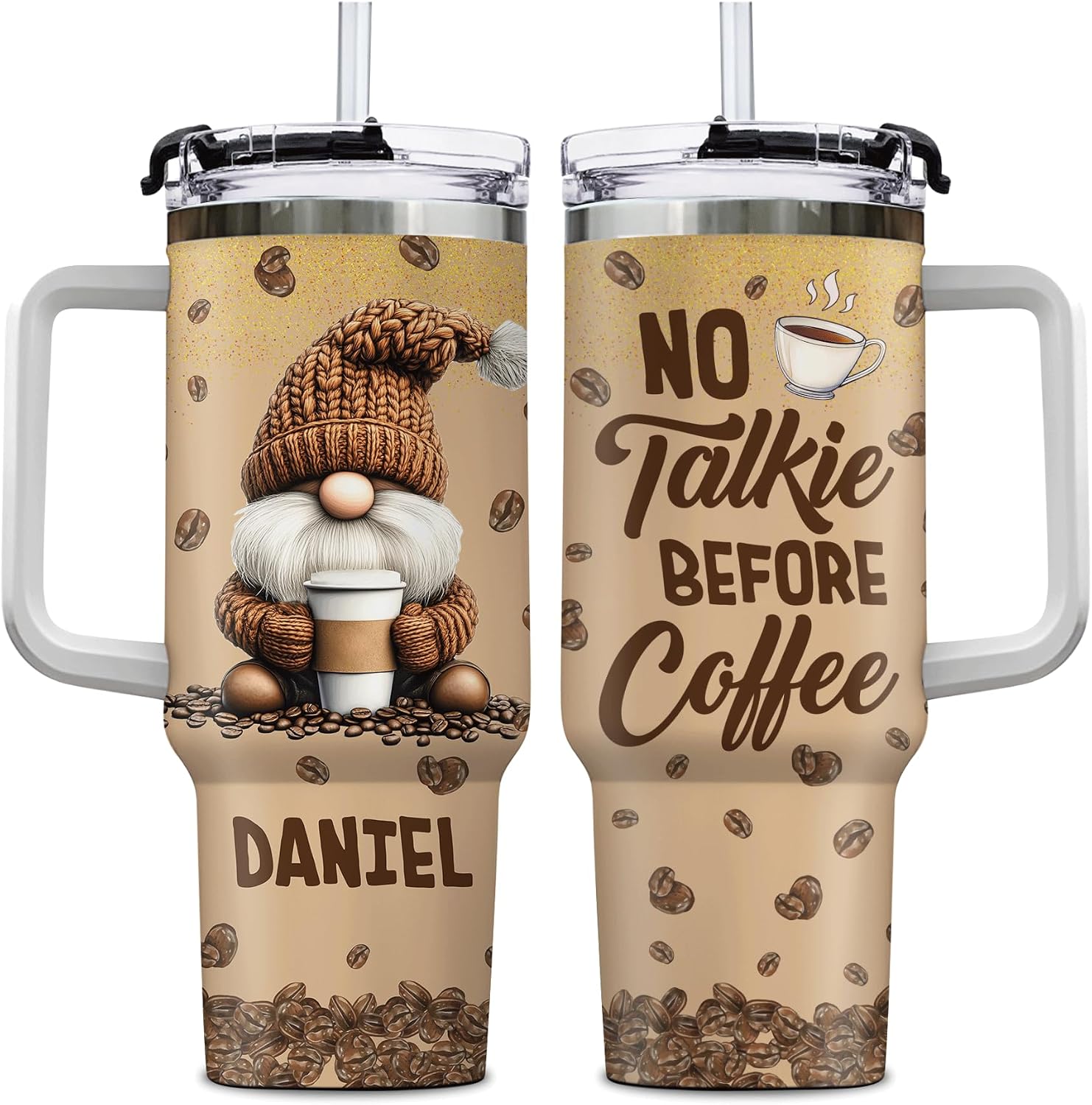 Hyturtle Personalized Coffee Gnome Tumbler 40oz with Handle & Straw - Cute Gnome Lovers Gifts - Funny Birthday Christmas Gift for Girls Women - Custom Name Stainless Steel Travel Coffee Cup