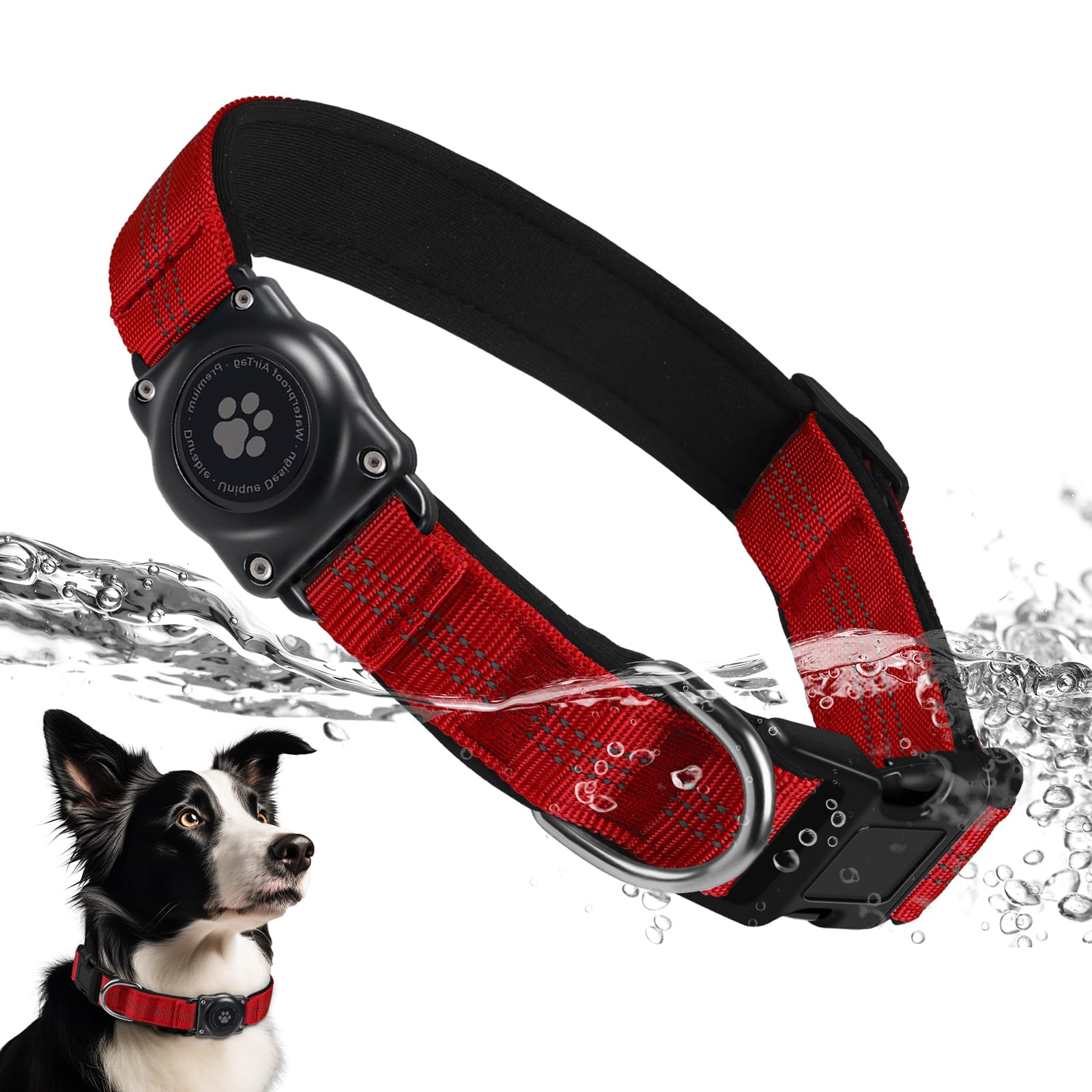 Upgraded AirTag Dog Collar, IP68 Waterproof Air Tag Dog Collar Holder, Reflective, Ultra-Durable, Comfortable Padded, Heavy Duty Dog Collars for Small Medium Large Dogs (L (14.8"-20.3"), Red)