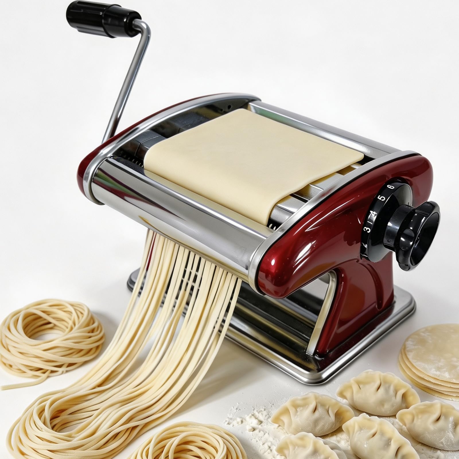 Machine à Pâtes Manuelle en Acier Inoxydable - 6 Épaisseurs Réglables, Double Couteaux (2mm/4mm) pour Spaghetti/Fettuccine - Rouge, Compacte (Idée Cadeau Cuisine)