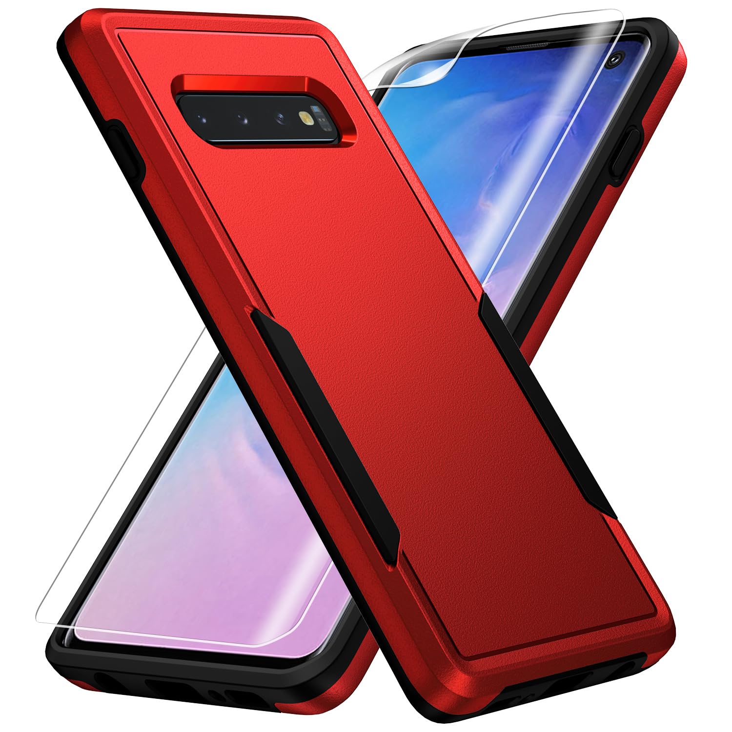Photo 1 of Warsia for Samsung Galaxy S10 Case,with HD Screen Protector [Military Grade Drop Tested] Heavy-Duty Tough Rugged Shockproof Protective Case for Samsung S10, Red