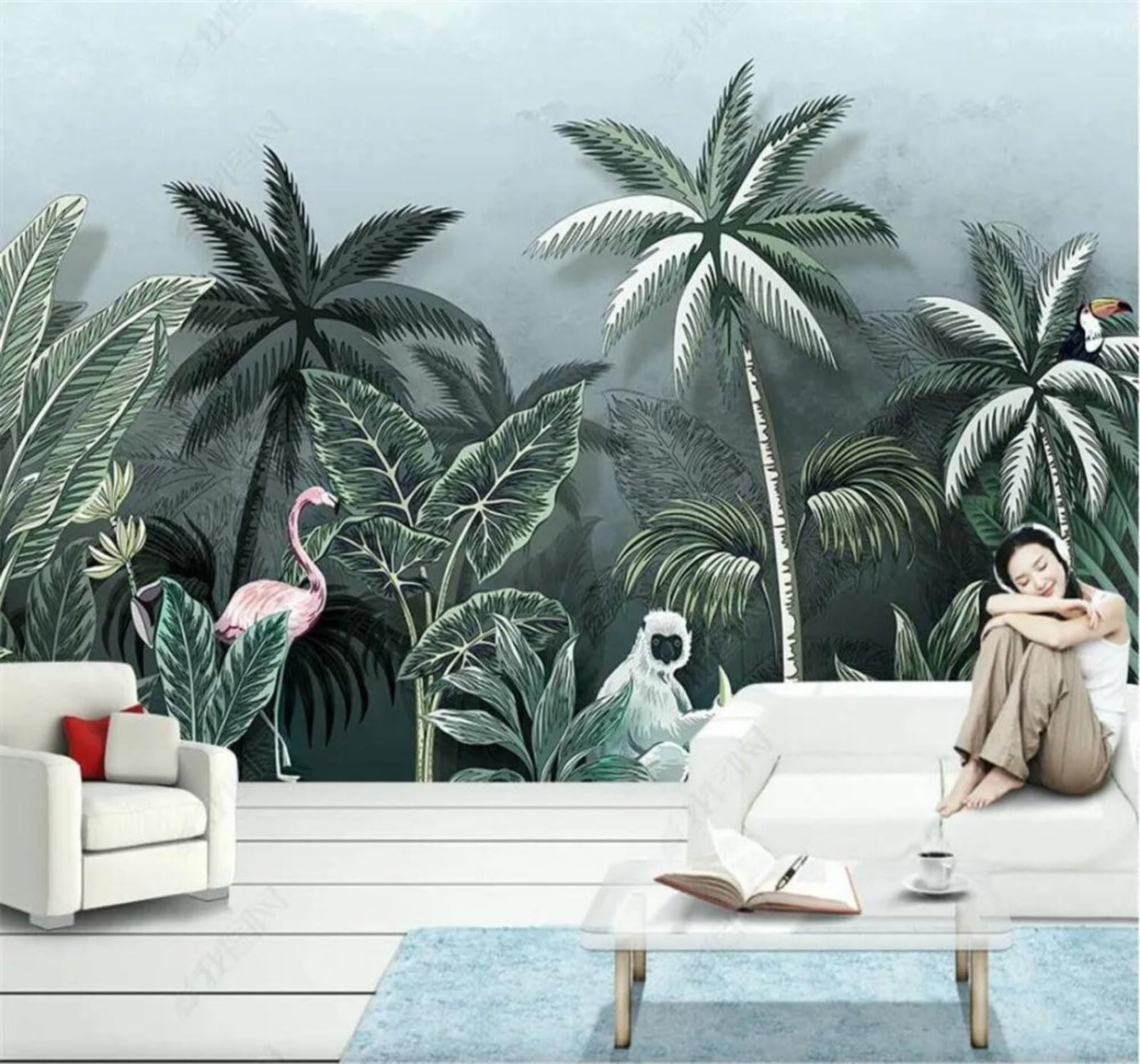Tzxztt 430Cm×300Cm(B×H) Hand Drawn Fresh Tropical Plants Flamingos Modern 3D Wallpaper Premium Textured Silk Neutral Tones Material Ideal For Living Room Bedroom-430Cm×300Cm