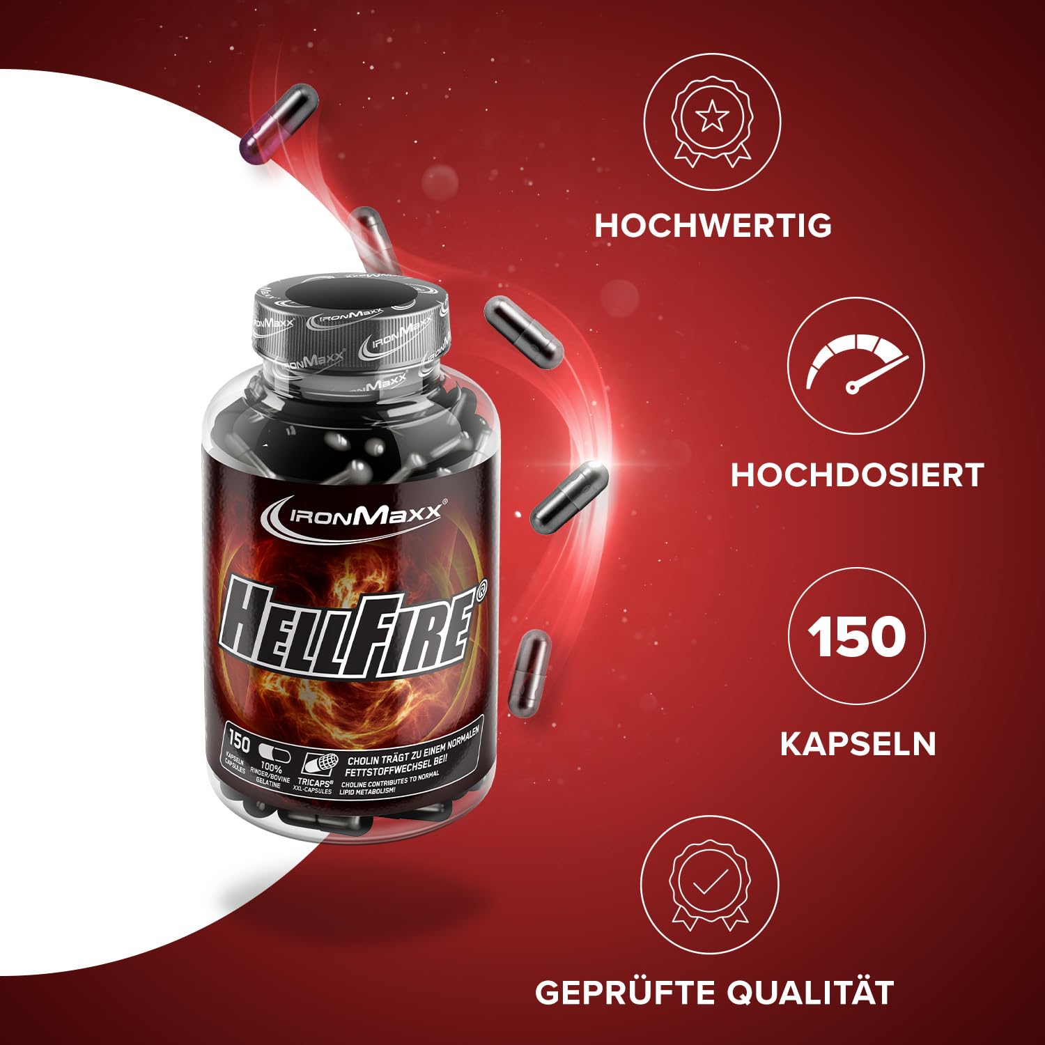 IronMaxx Hellfire – 150 Kapseln | Nahrungsergänzungsmittel mit Pflanzenextrakten, Koffein, Niacin und Cholin | Für aktive Phasen | Hochdosierte Rezeptur