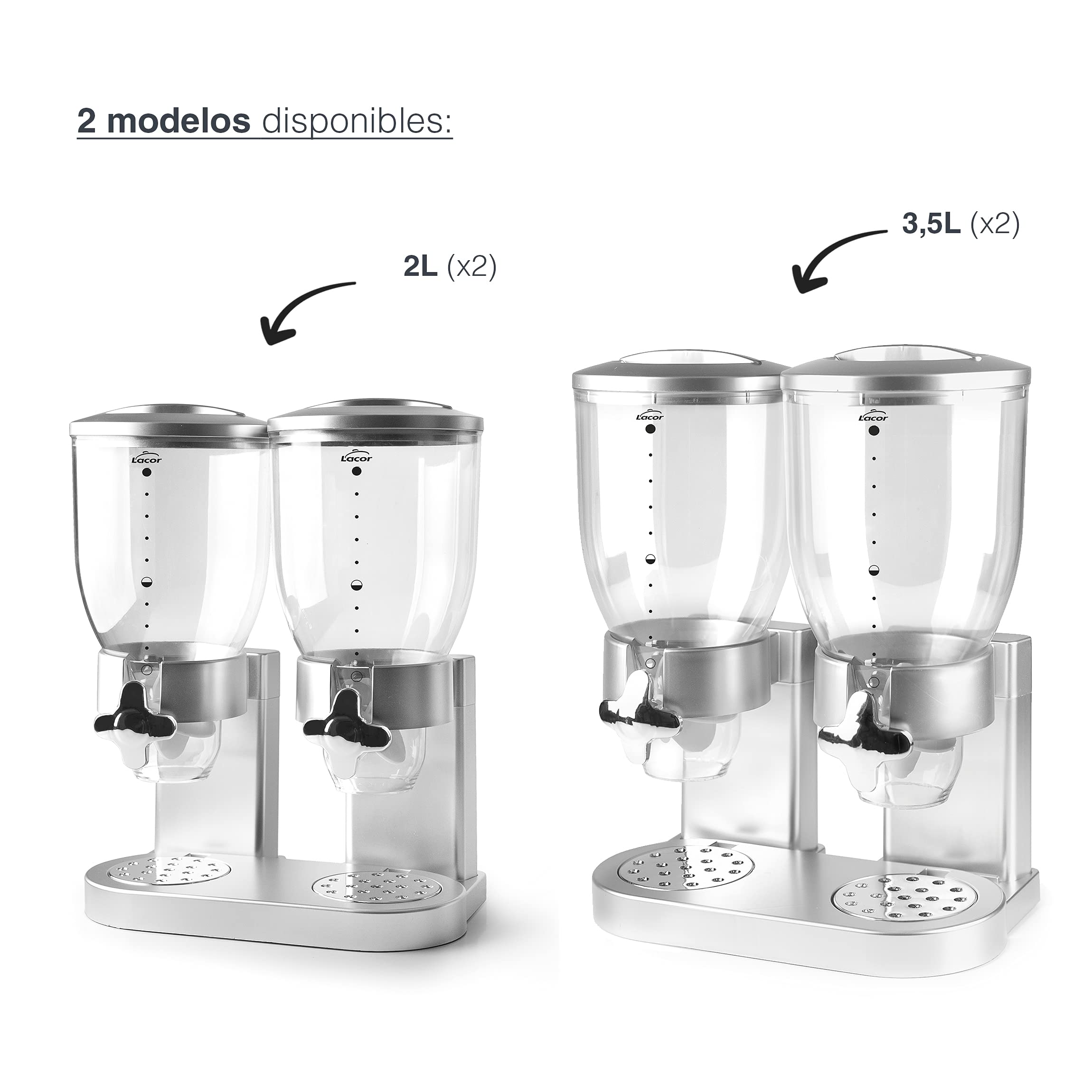 LACOR 62597 Distributeur de céréales, Fruits secs, pâtes et Bonbons, Double récipient, Deux récipients de 3,5 L, système Rotatif, sans BPA, 33 x 20 x 42 cm, Gris