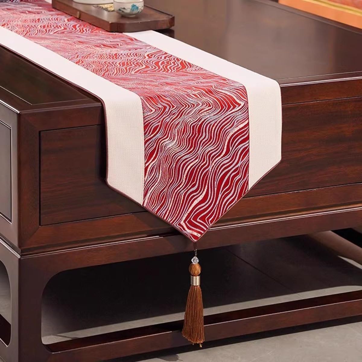 Chinese Style Table Runner with Tassels, Classical Abstract Landscape Splicing Table Mat Placemat for Home Office Party Holiday Decor(Red,33x300cm/13 x118)