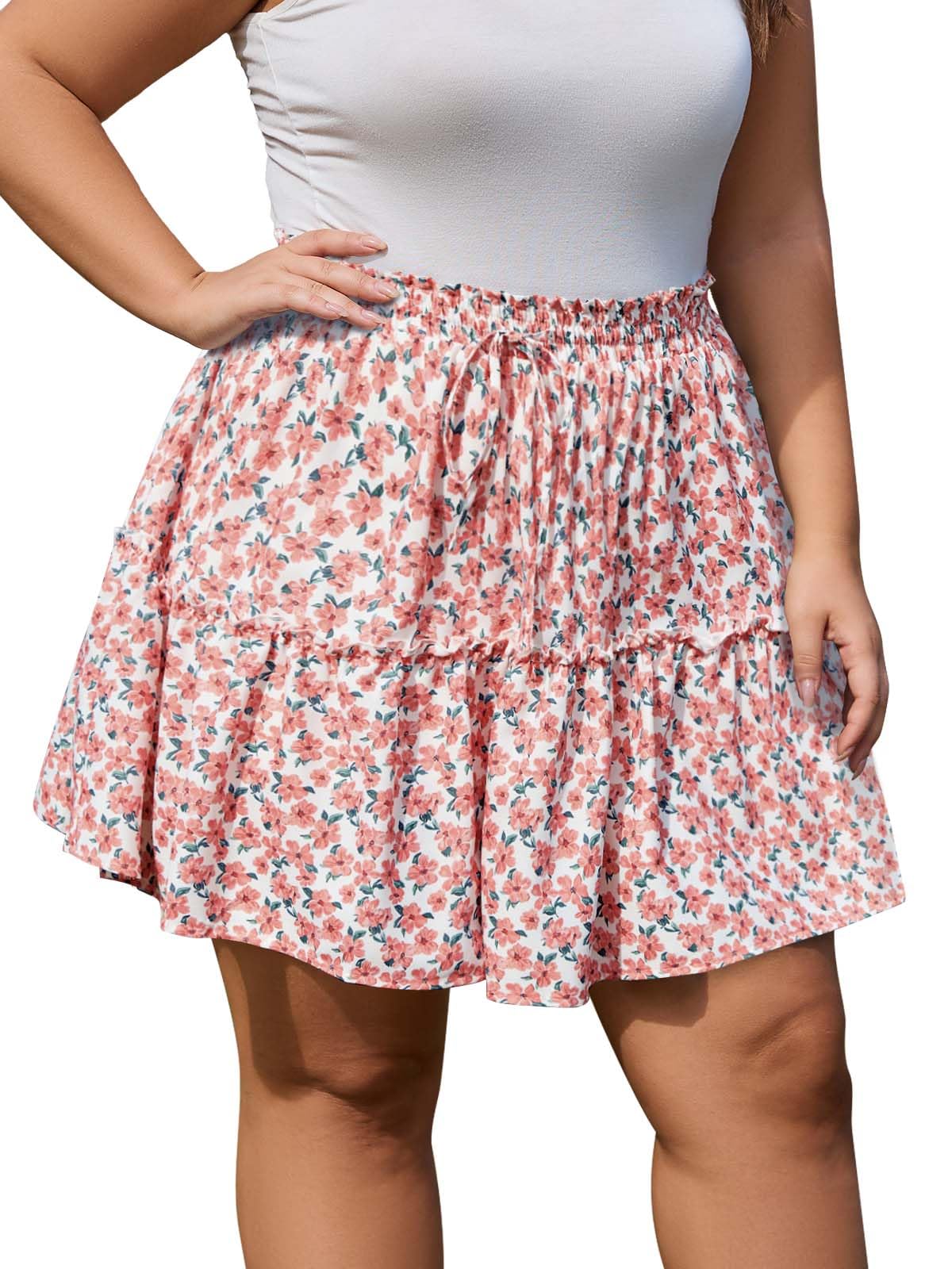 Women's Plus Size Flowy Floral Skirt Casual Boho High Waisted Ruffle Tiered Mini Skater Skirt with Shorts