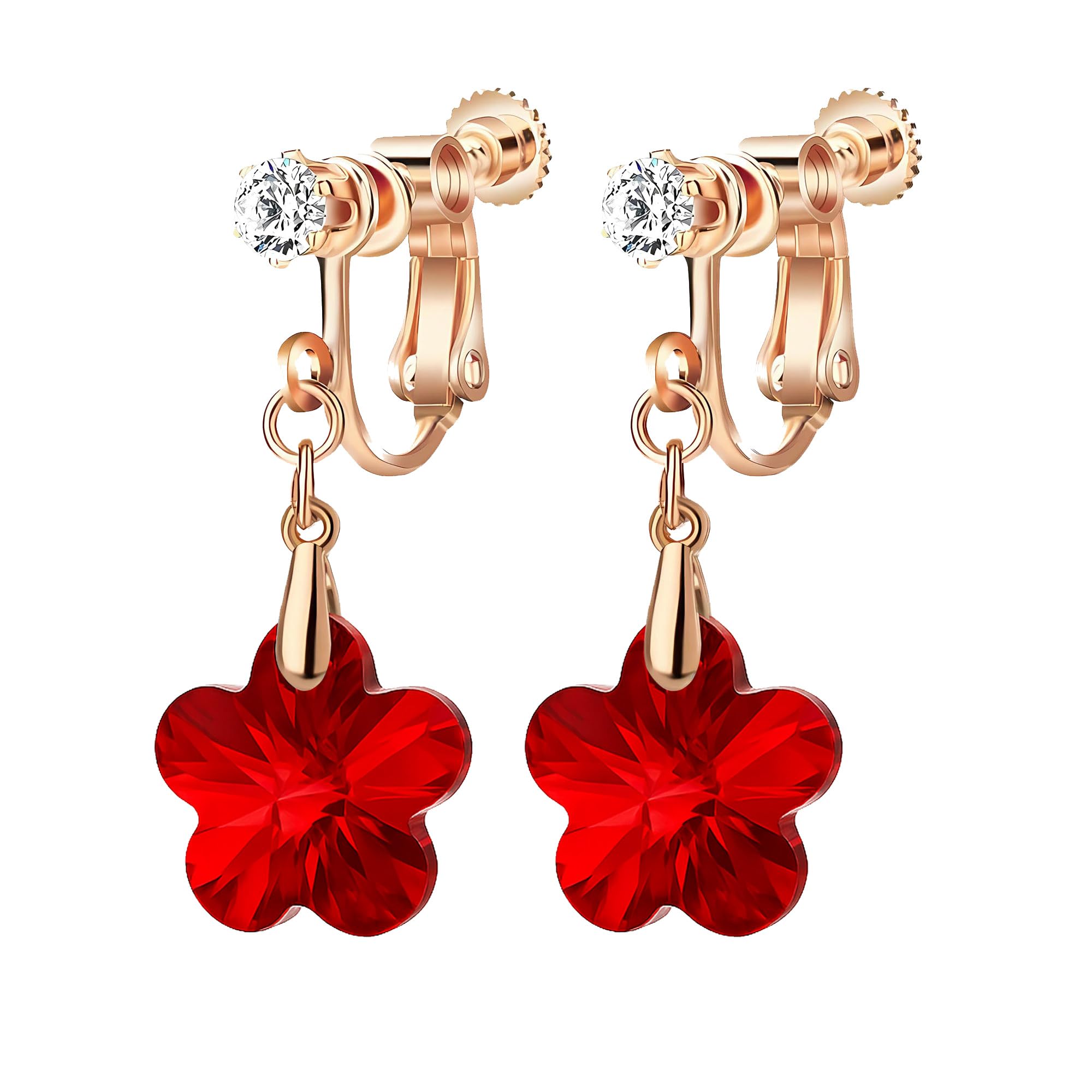Austrian Crystal Flower Drop Clip On Earrings for Women Non Pierced 14K Rose Gold Plated Hypoallergenic Dangle Earring Jewelry