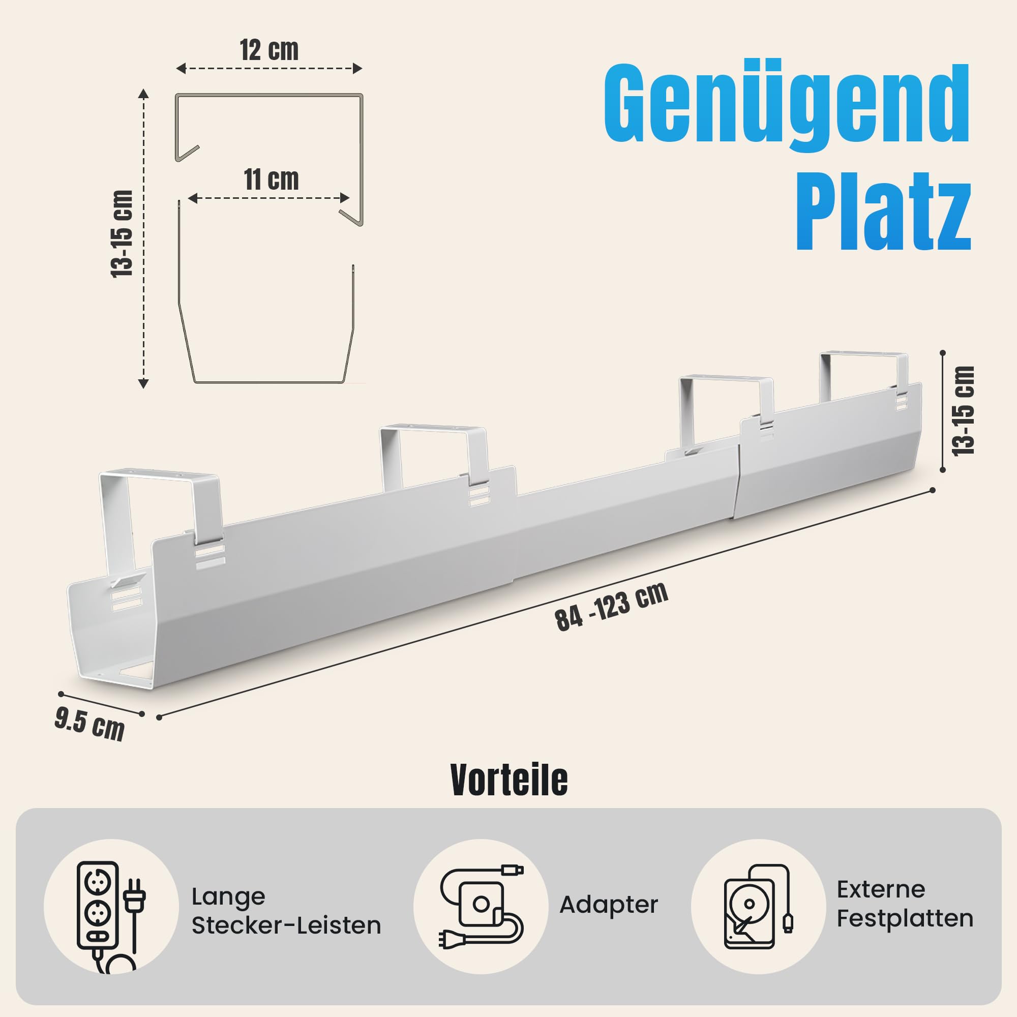2GOODz Bandeja para cables de escritorio, 84-122 cm, extensible, altura regulable | Incluye Accesorios: fácil acceso, acero aleado, fácil montaje