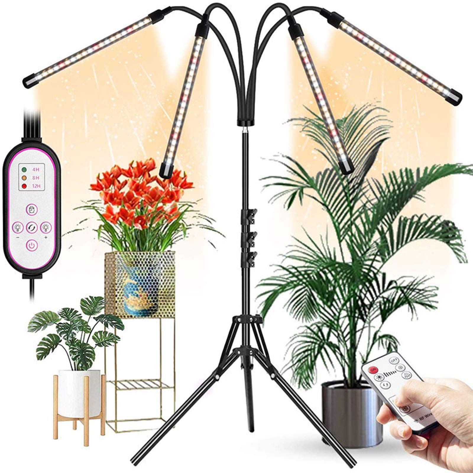 RONGGO LED Grow Light for Indoor Plant, 40w 4 Head Plant Grow Light with Tripod, 360° Gooseneck Indoor Floor Plant Light for Garden Hydroponics Succulent Tall & Large Plants,Remote Control Type