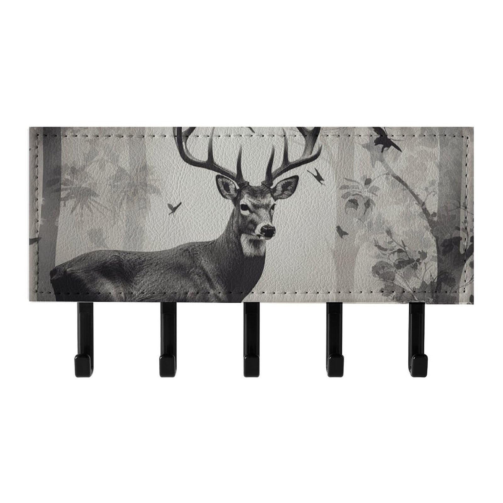 QMNLKH Hunting Silhouette of Deer Wall Mounted Key Rack for Home, No Drilling Key Holder with 5 Hooks, Self Adhesive Keys Chain Organizer for Hallway, Keys Hanger Shelf for Office, Doorway Black