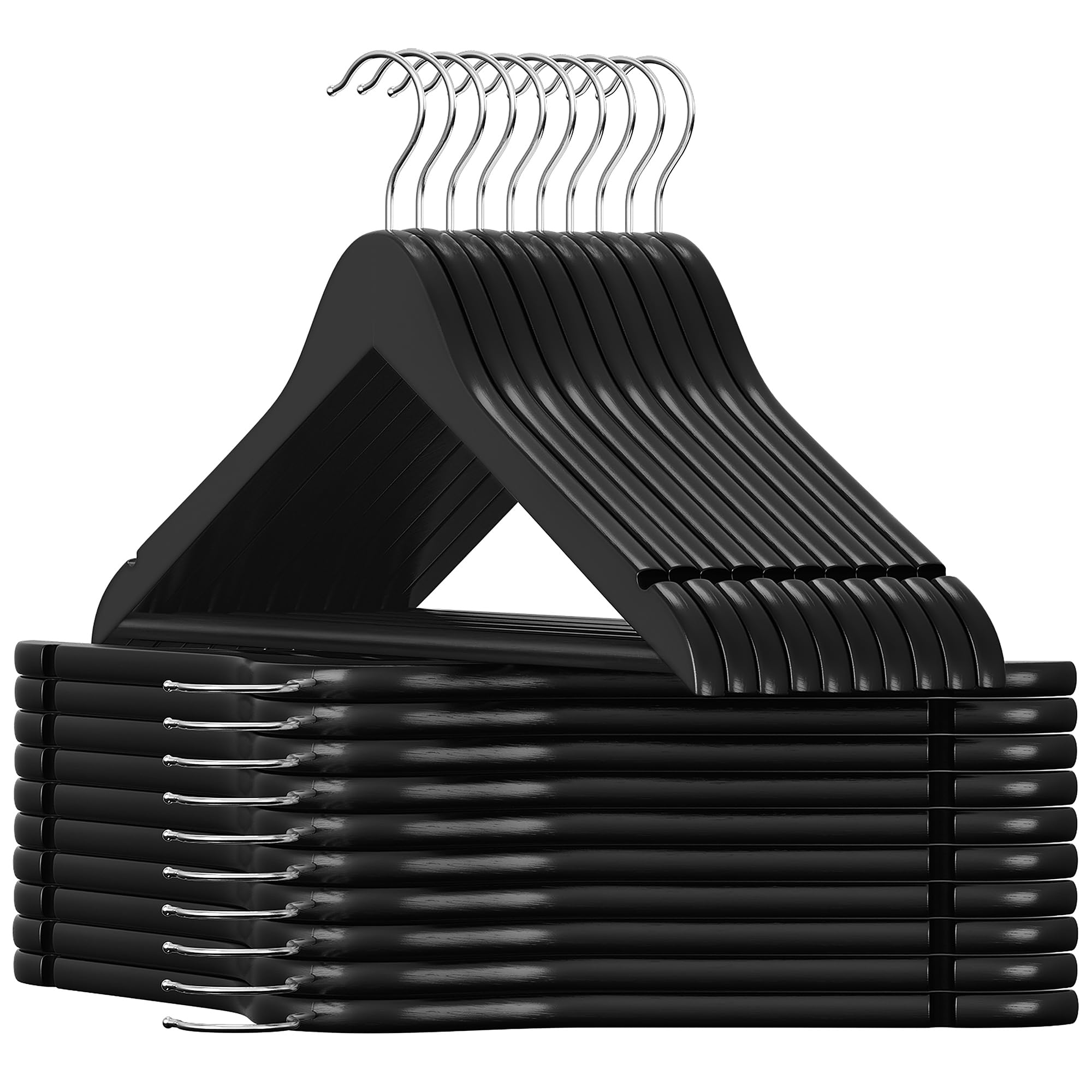 SONGMICS Wooden Clothes Hangers, Set of 20, Solid Wood Hangers, Notches in the Shoulder Area, Non-Slip Trouser Bar, 360° Rotating Hook, for Suits, Shirts, Black/Silver CRW02B-20