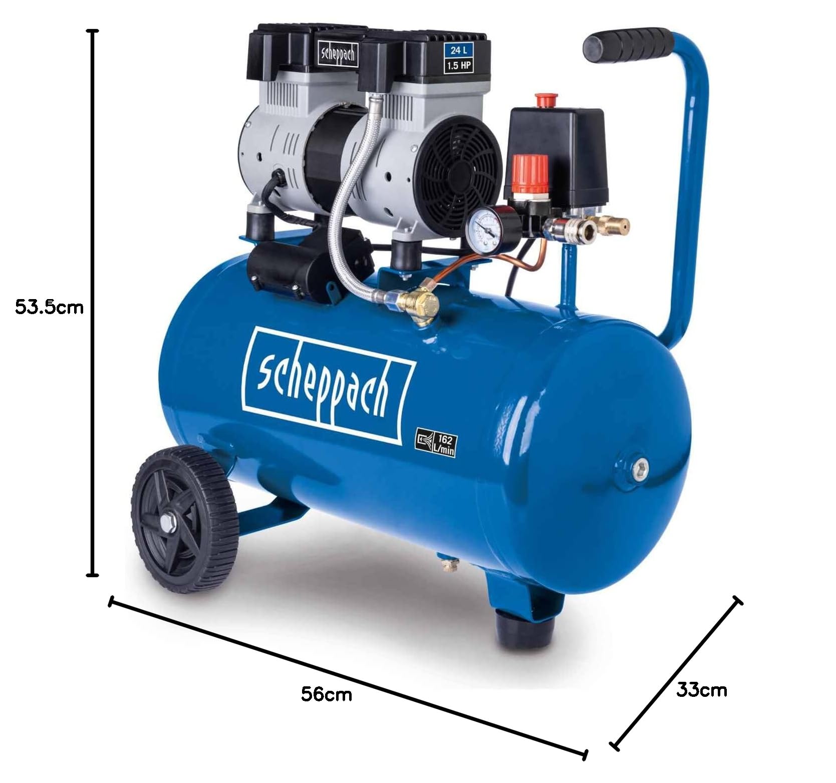 Scheppach Ultra Silent Kompressor HC26Si | 24L Kessel | 1100W Leistung | 8bar Druck | 66 dB(A) leise | Ansaugleistung 162L/min | ölfrei & wartungsarm | Leisekompressor Doppelzylinder Flüsterkompressor