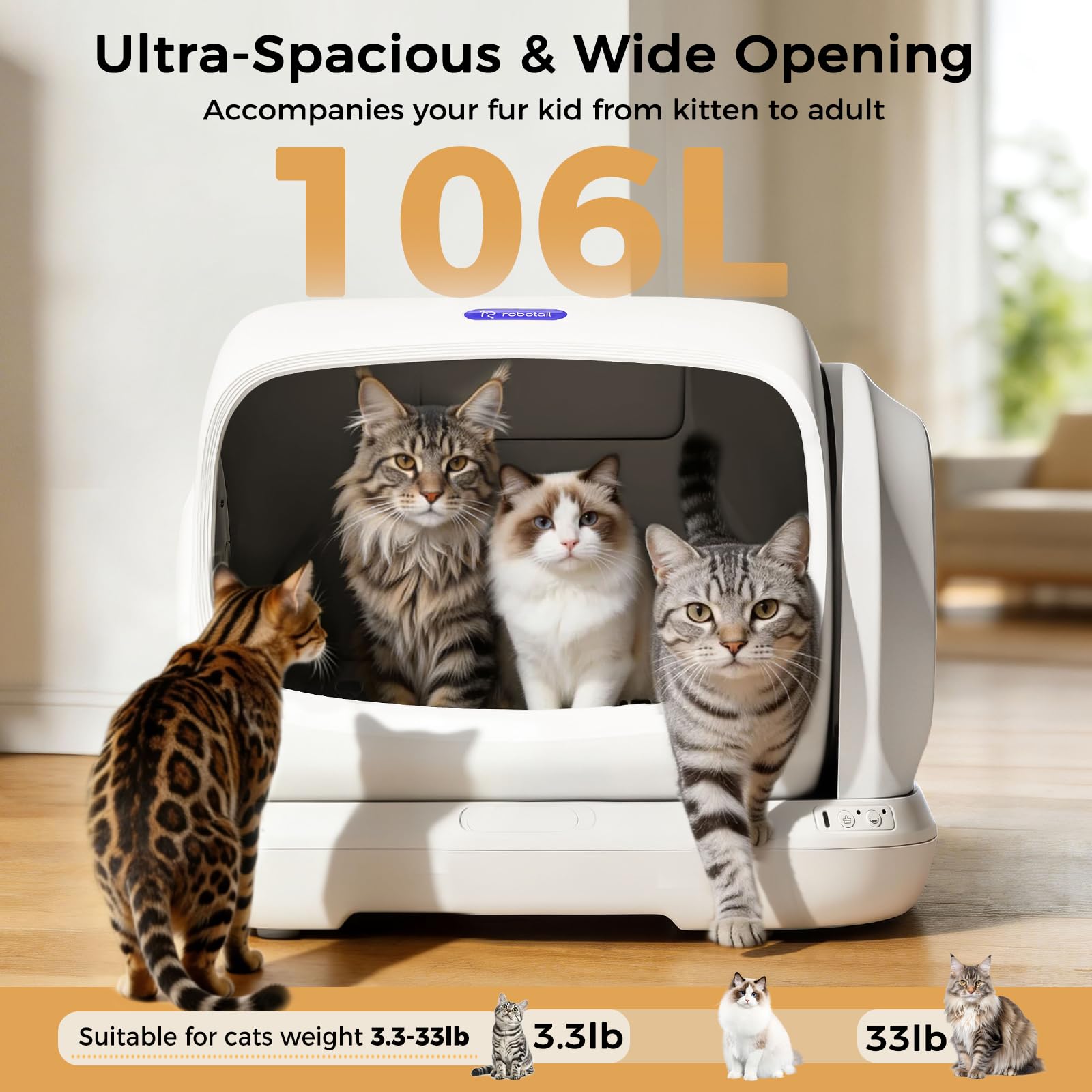 Robotail Self Cleaning Cat Litter Box,106L XXXL Extra-Large Space Automatic Cat Litter Box for Large Cats, Open Top Automatic Cat Box Self Cleaning with APP, Safety Sensor, Anti-Pinch Patent - image 2