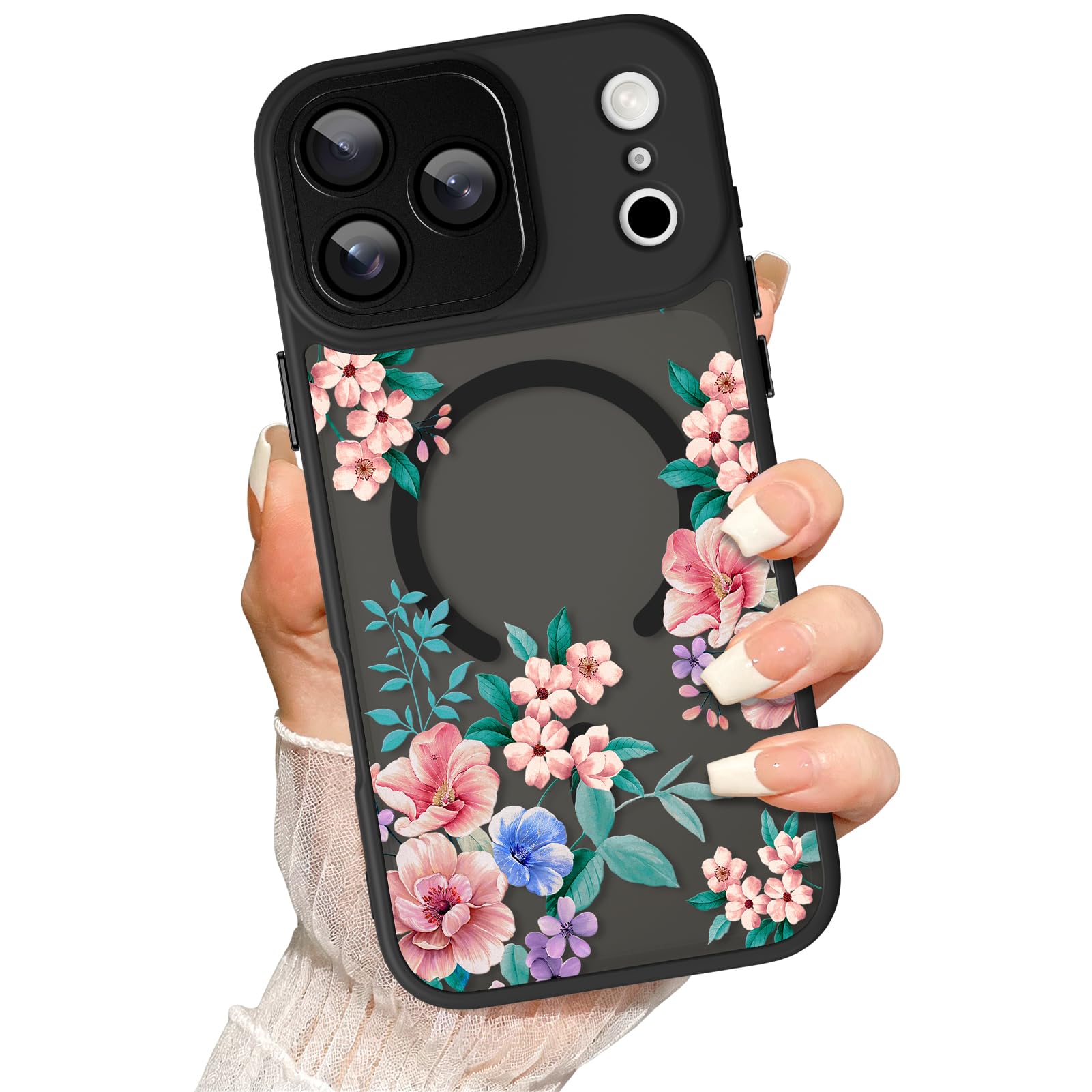 Custodia magnetica per iPhone 17 Pro, compatibile con Magsafe, graziose foglie floreali per donne e ragazze, protezione completa della fotocamera, sottile, antiurto, traslucida, opaca, nera