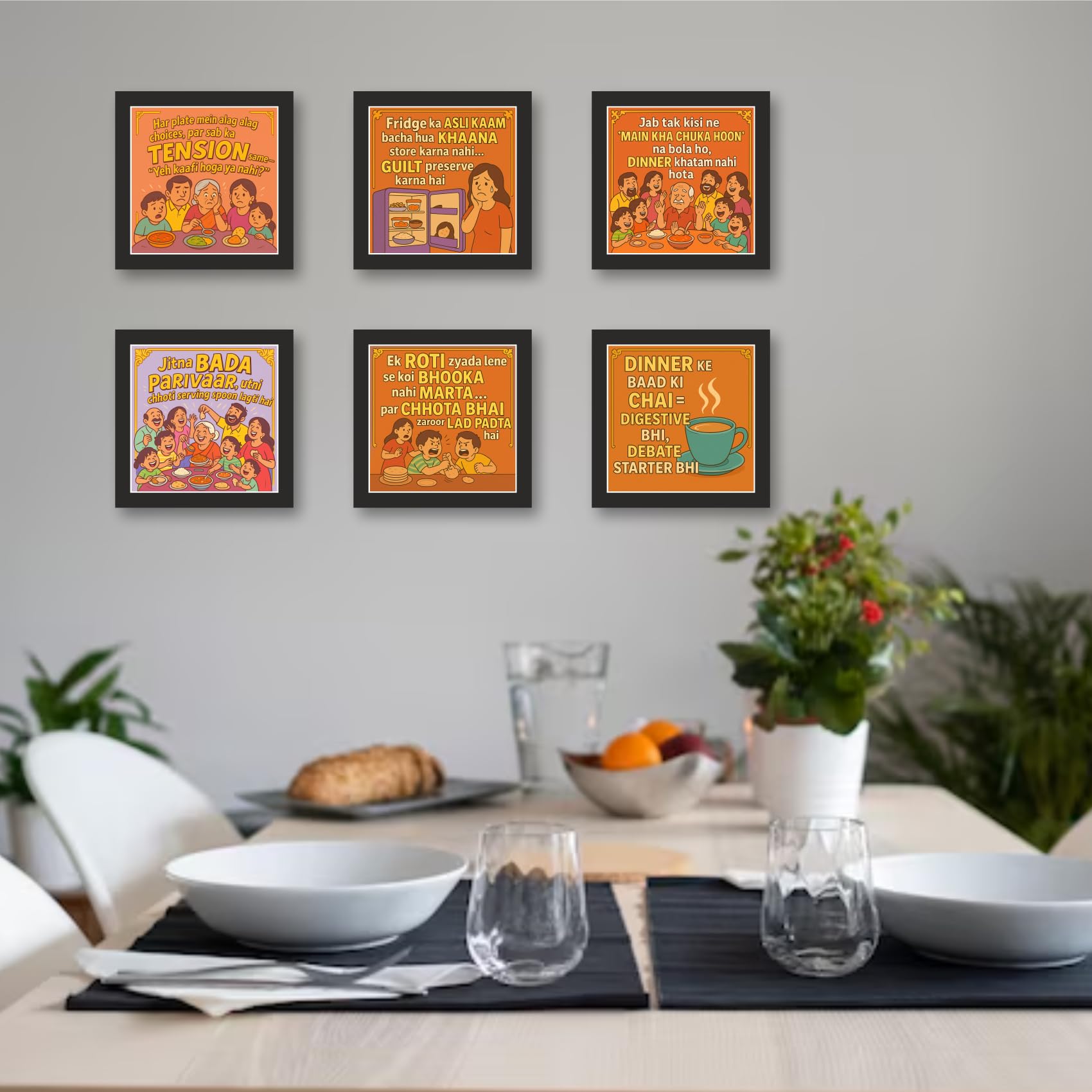 "Family Feast Follies Relatable Dining Art Set – Set of 6 – 12 in…
