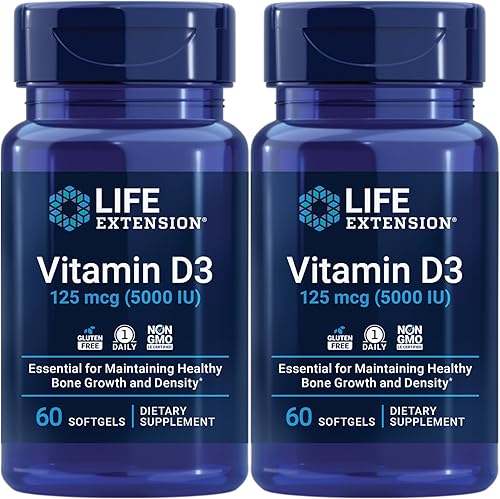 Life Extension Vitamina D3 125 Mcg (5000 UI)  Promueve la salud ósea, la salud del cerebro y la función inmunológica  Sin OMG  Sin gluten  Paquete